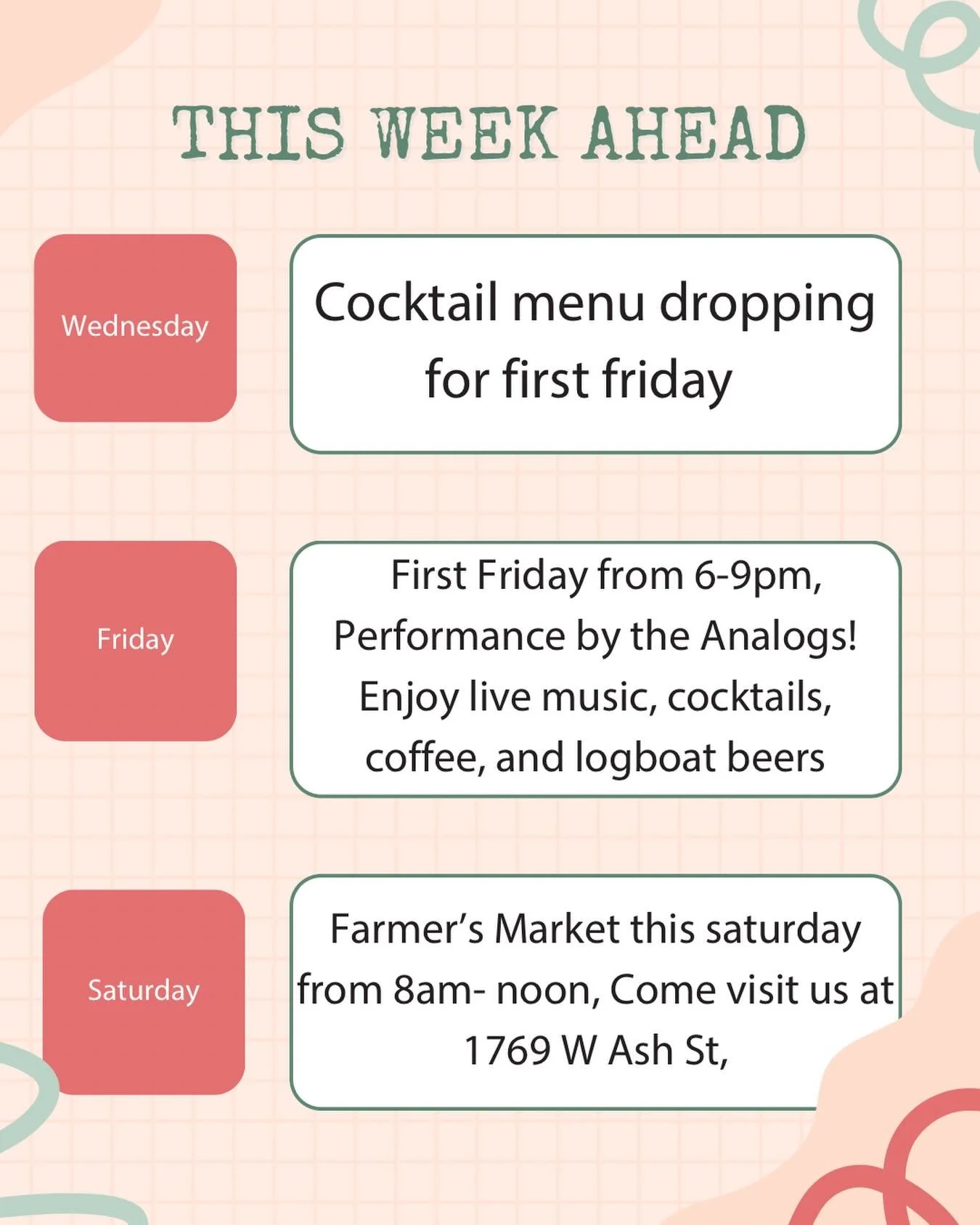 This week ahead we have a couple of events you don&rsquo;t want to miss! ✨
Join us for First Friday from 6&ndash;9 PM and catch us at the Farmers Market from 8 AM to noon.