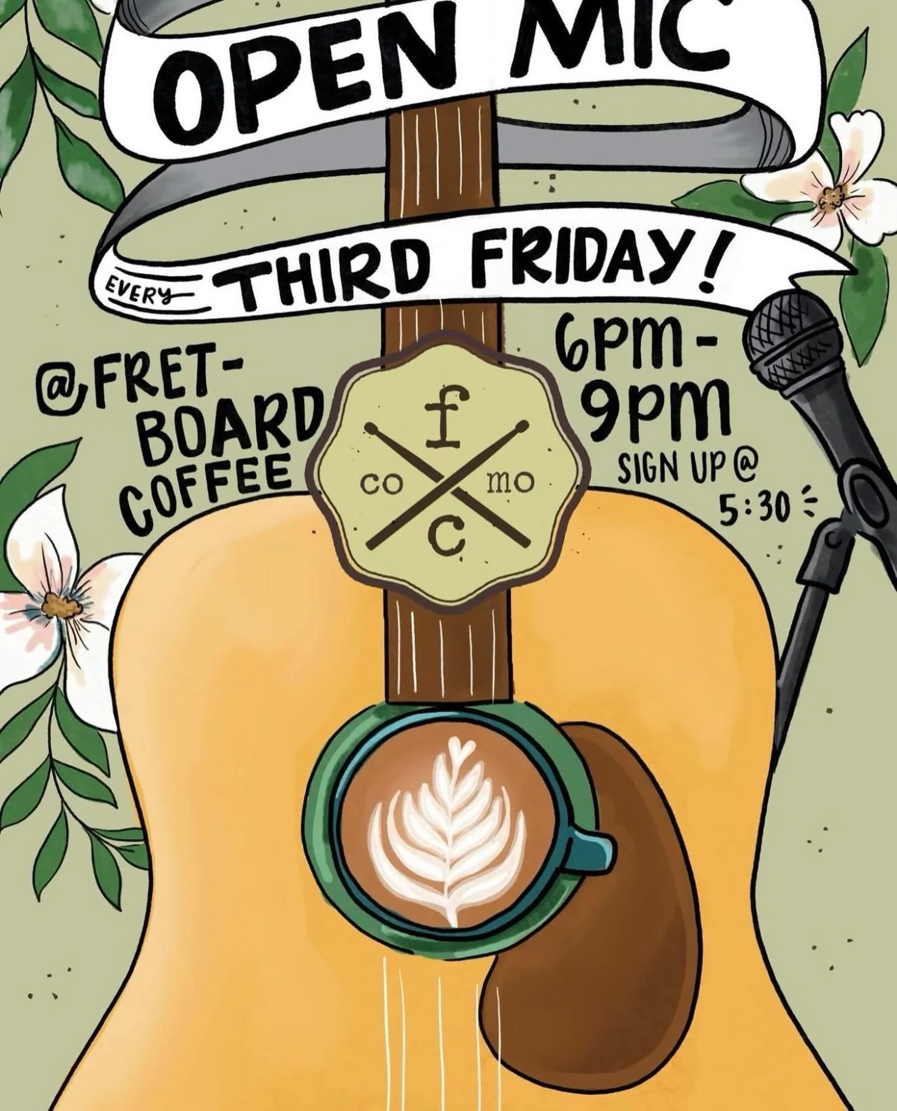 Open Mic Night this friday! Come join for live music, coffee, and cocktails. ✨🎤