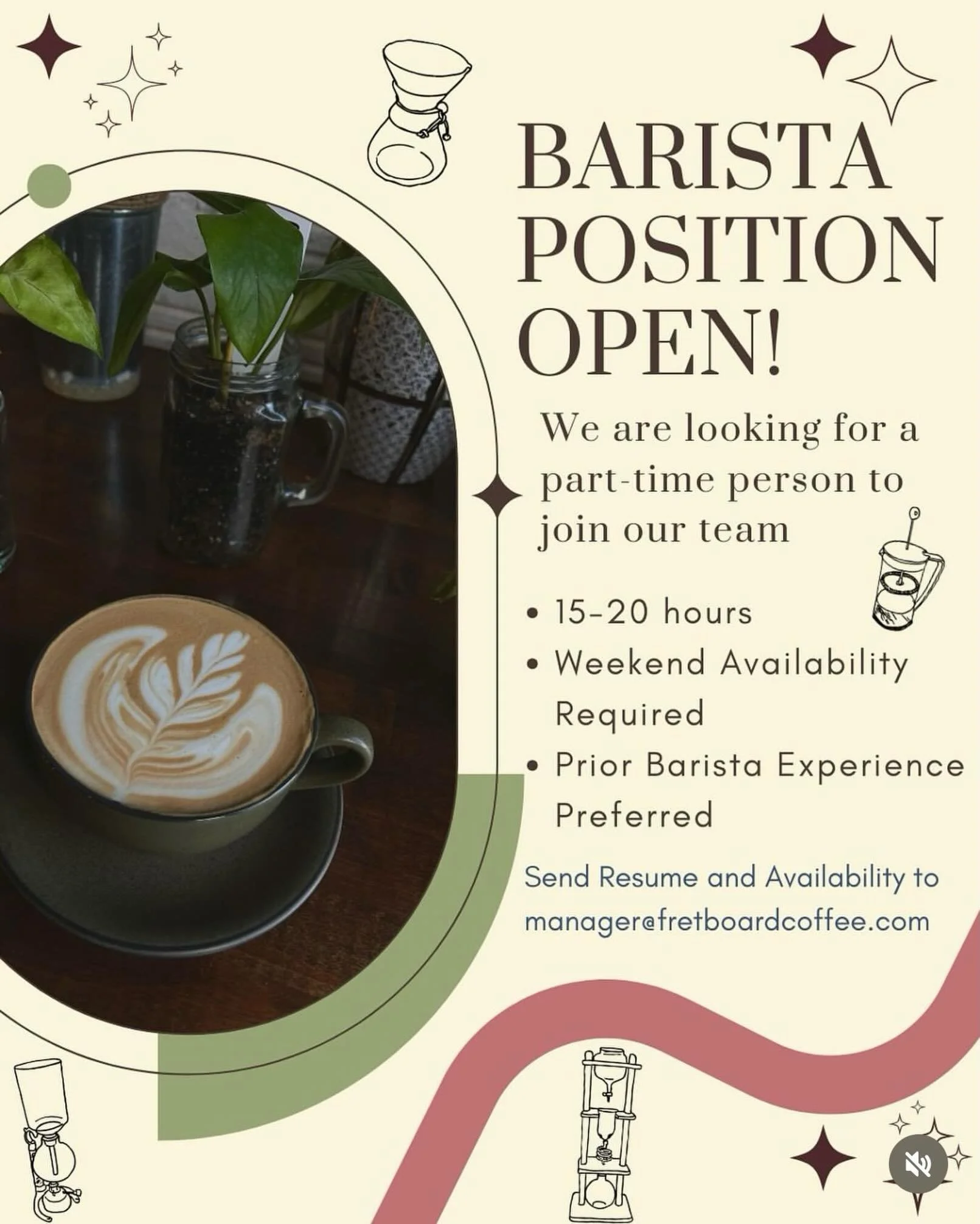 We are looking for 1&ndash;2 baristas willing to work part-time hours with weekend availability! ☕️
Email your resume to manager@fretboardcoffee.com