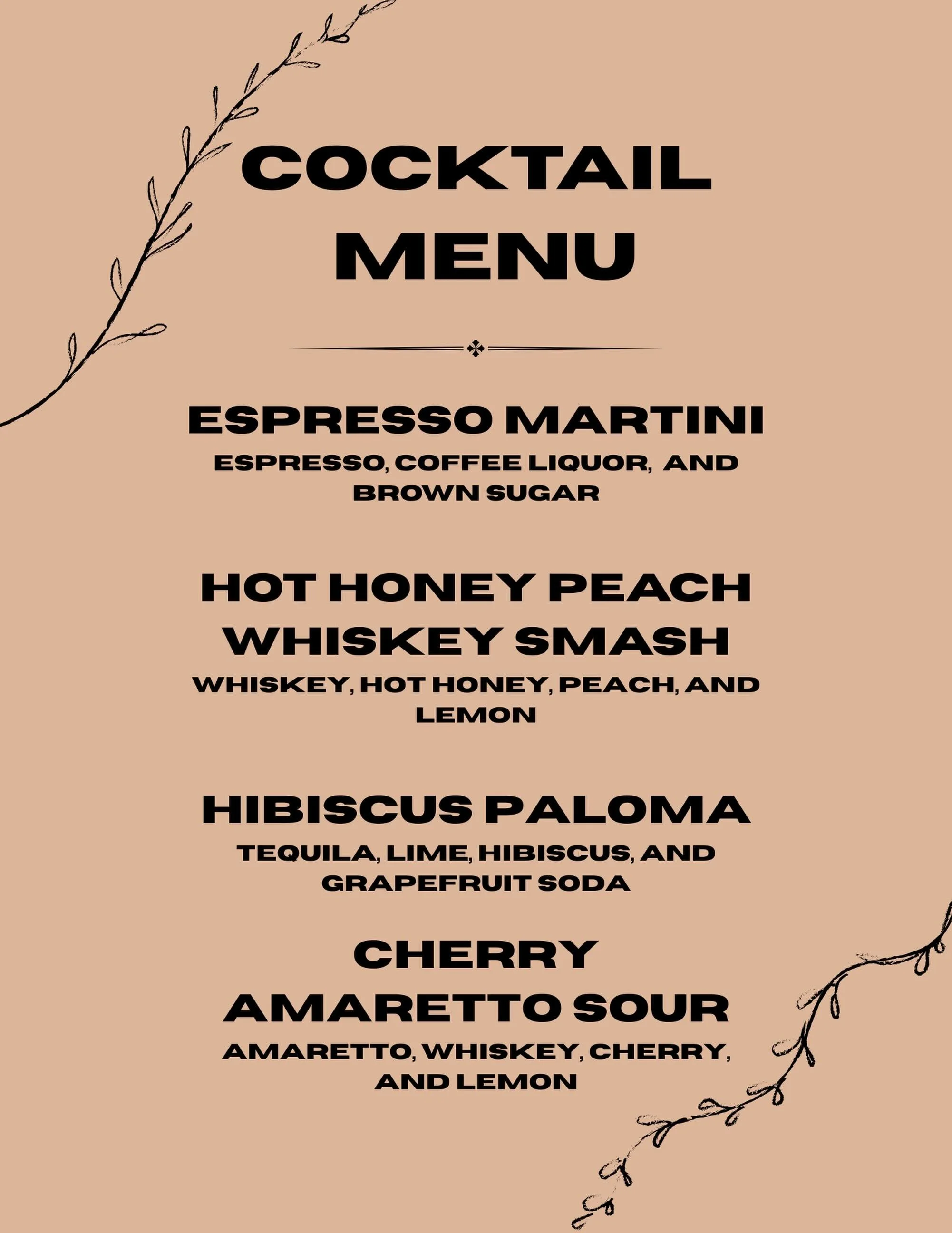 First Friday is tomorrow! Here&rsquo;s our cocktail menu for the night. Come see us from 6&ndash;9 PM. 🍸✨