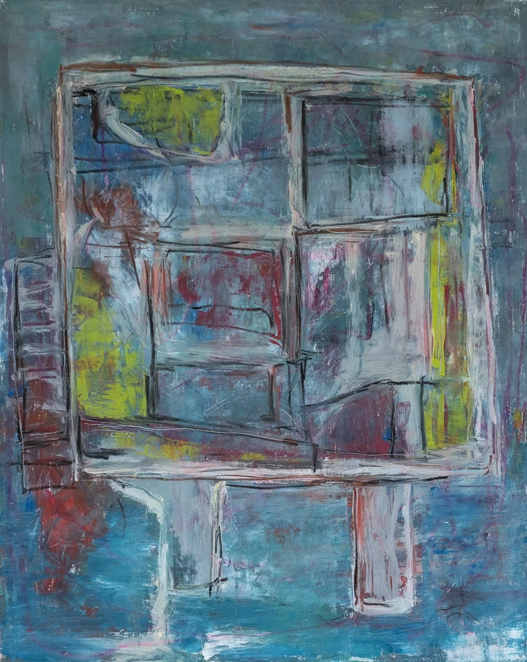   Platform House with Stairs,  oil charcoal, and pastel on panel, 16x20in, 2018   