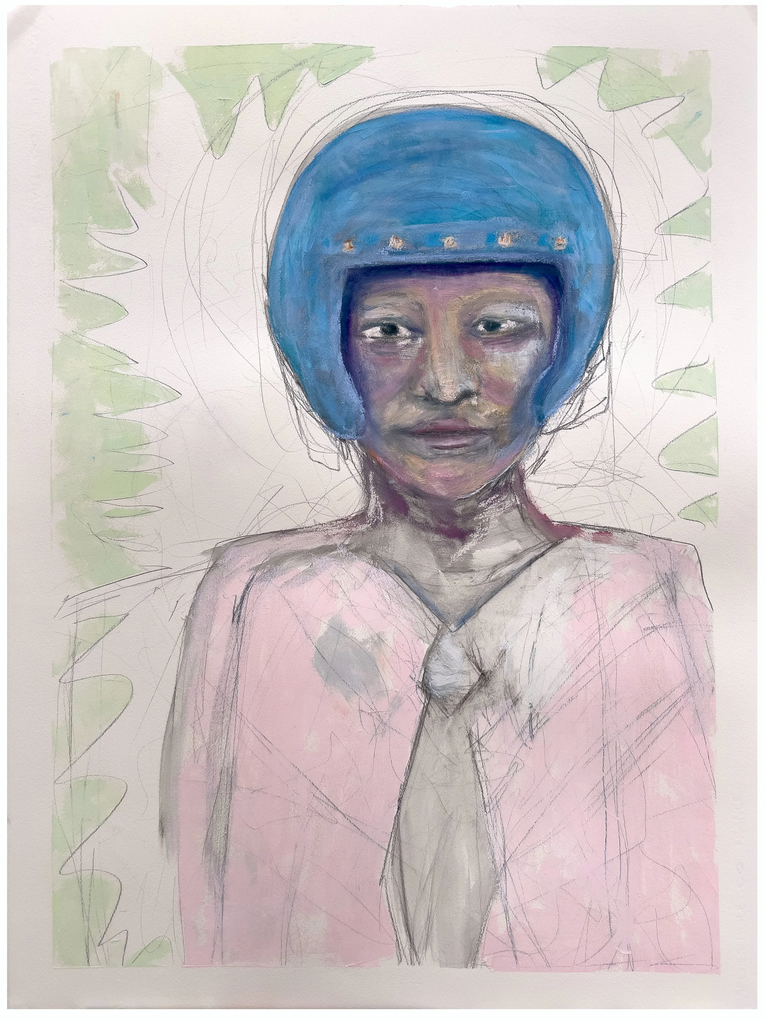   Blue Helmet and Tie , 2023, oil, pencil, pastel, on paper, 22x 30in 
