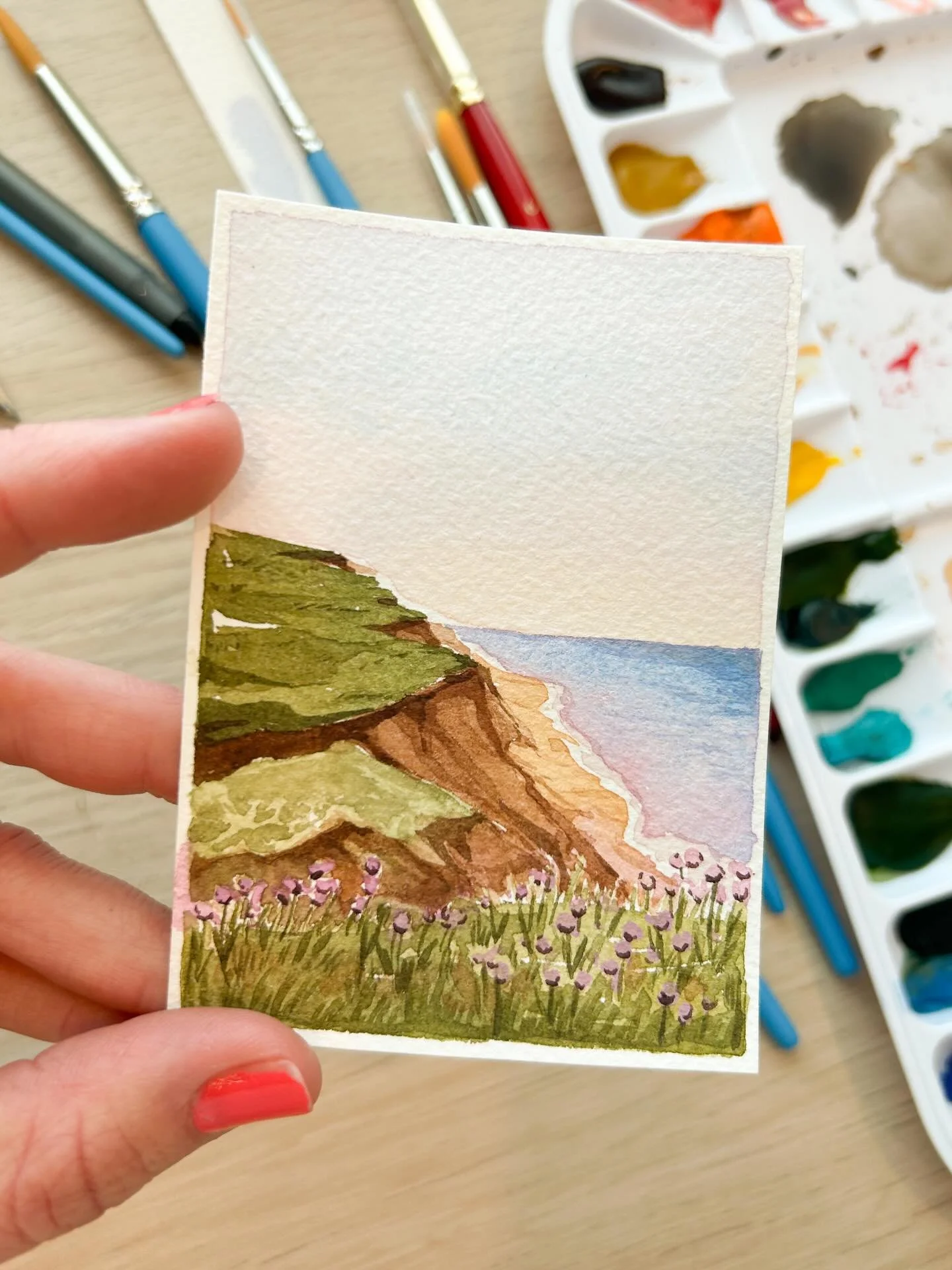 A mini landscape for Monday. I loved the purple water and soft colored sky in this one. So gorgeous! Listen to the music and envision yourself cliff side with the birds and an ocean breeze. Sounds lovely eh?