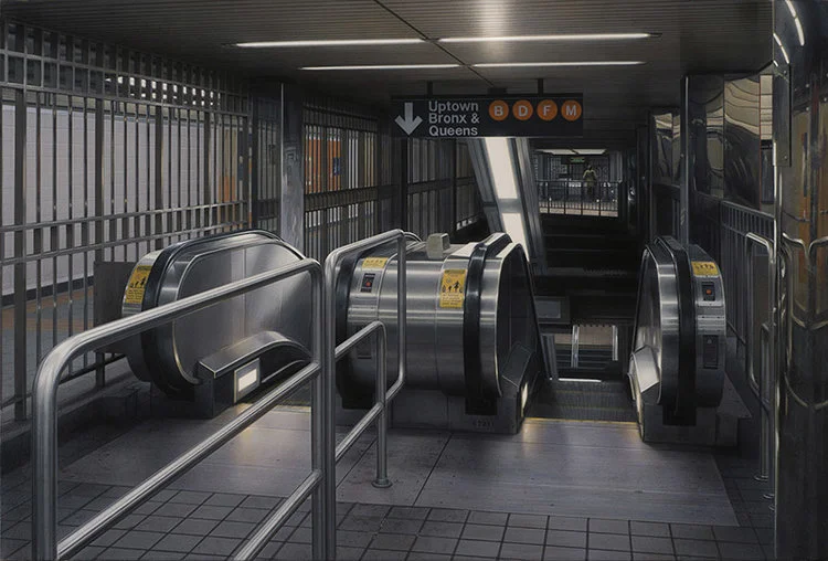 Hisaya Taira, Escalator #31, acrylic on canvas over panel, 16.14 x 24 inches