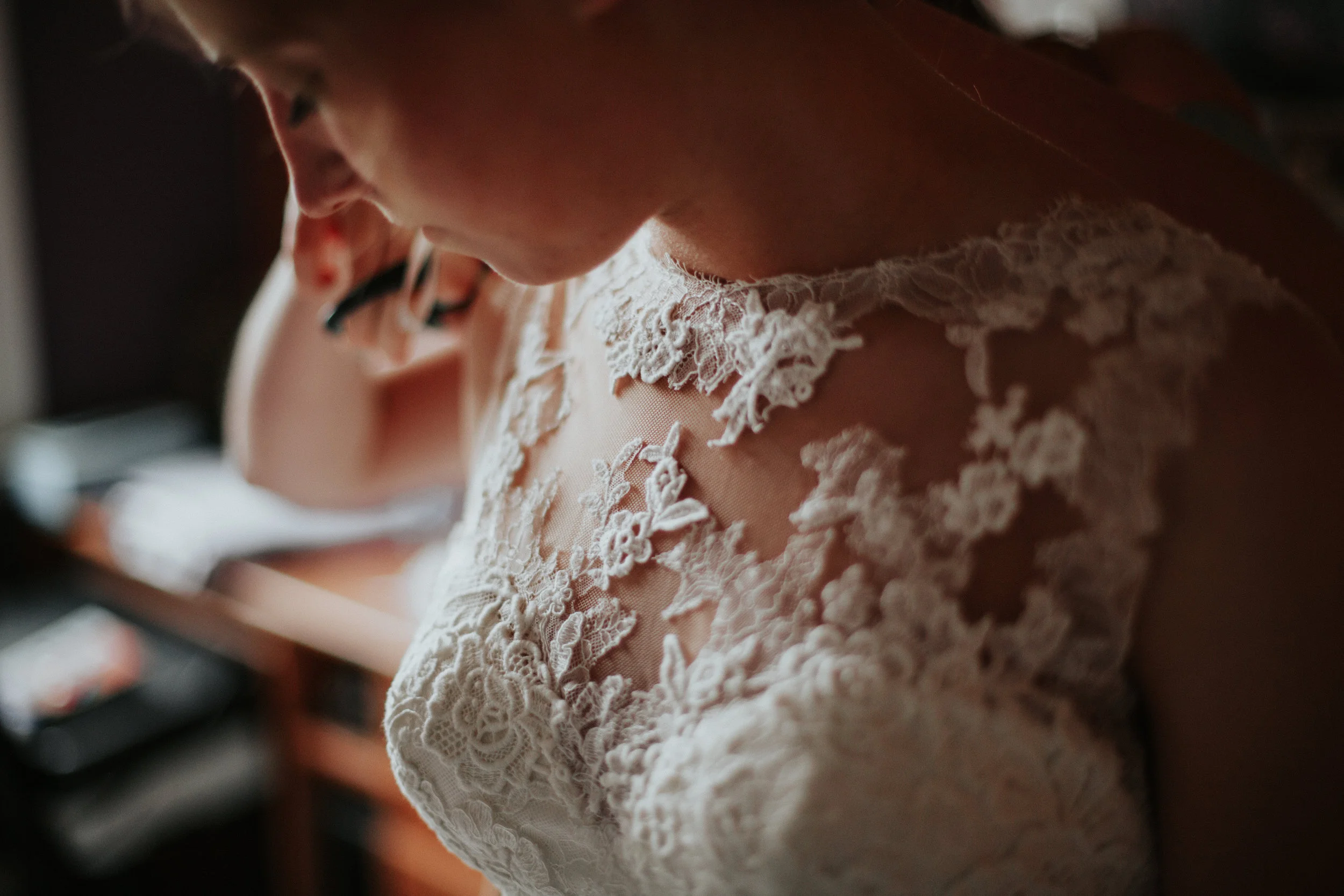 Close up of bride’s dress and lace details for wedding in Ghent, Belgium