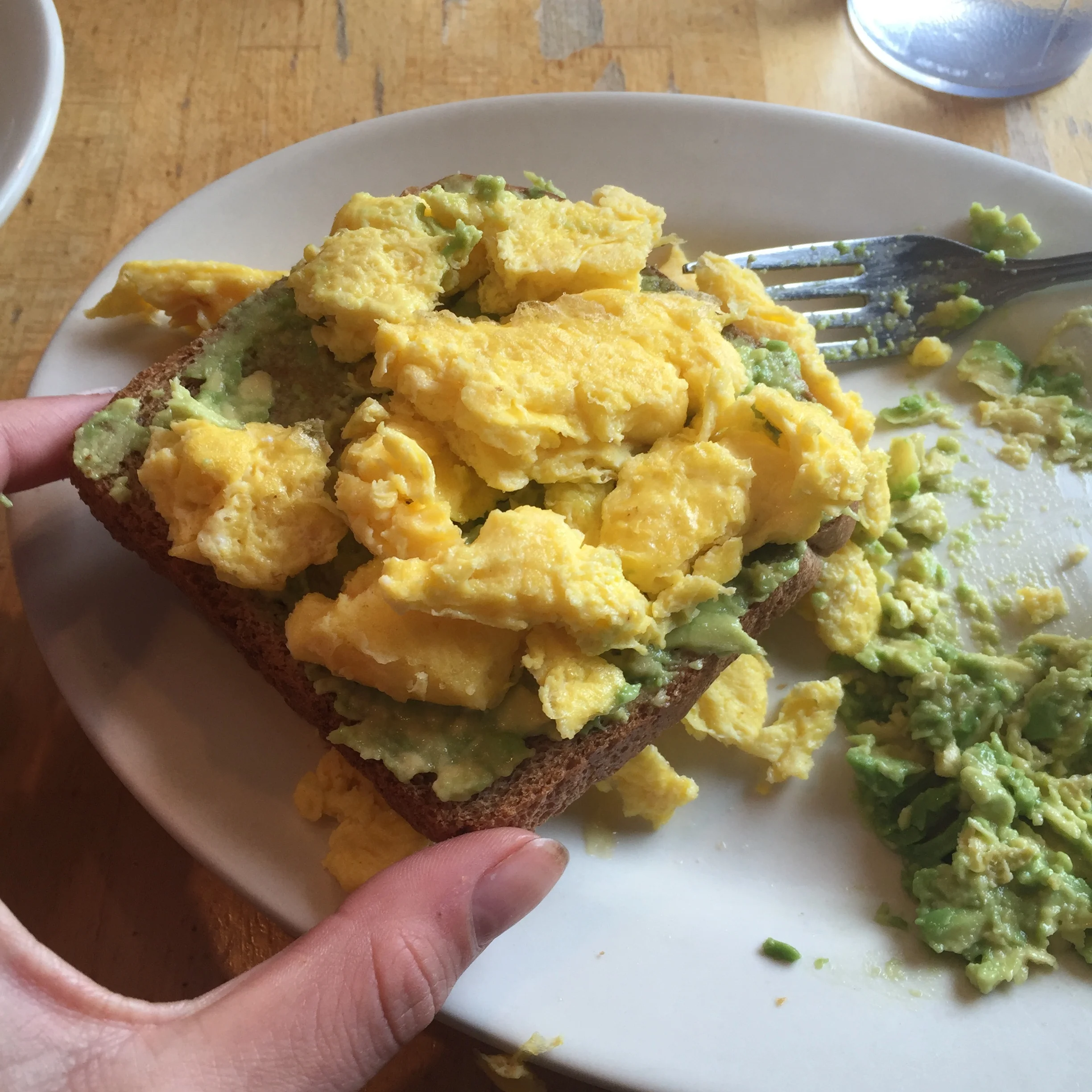 This was one of my proudest culinary moments. When the restaurant that shall not be named had a menu that was SANS AVO TOAST (ouch), I had to take matters into my own hands! I ordered a batch of scrambles and a SIDE, yes a SIDE, of Avo. I mashed it up with my fork and Voila…