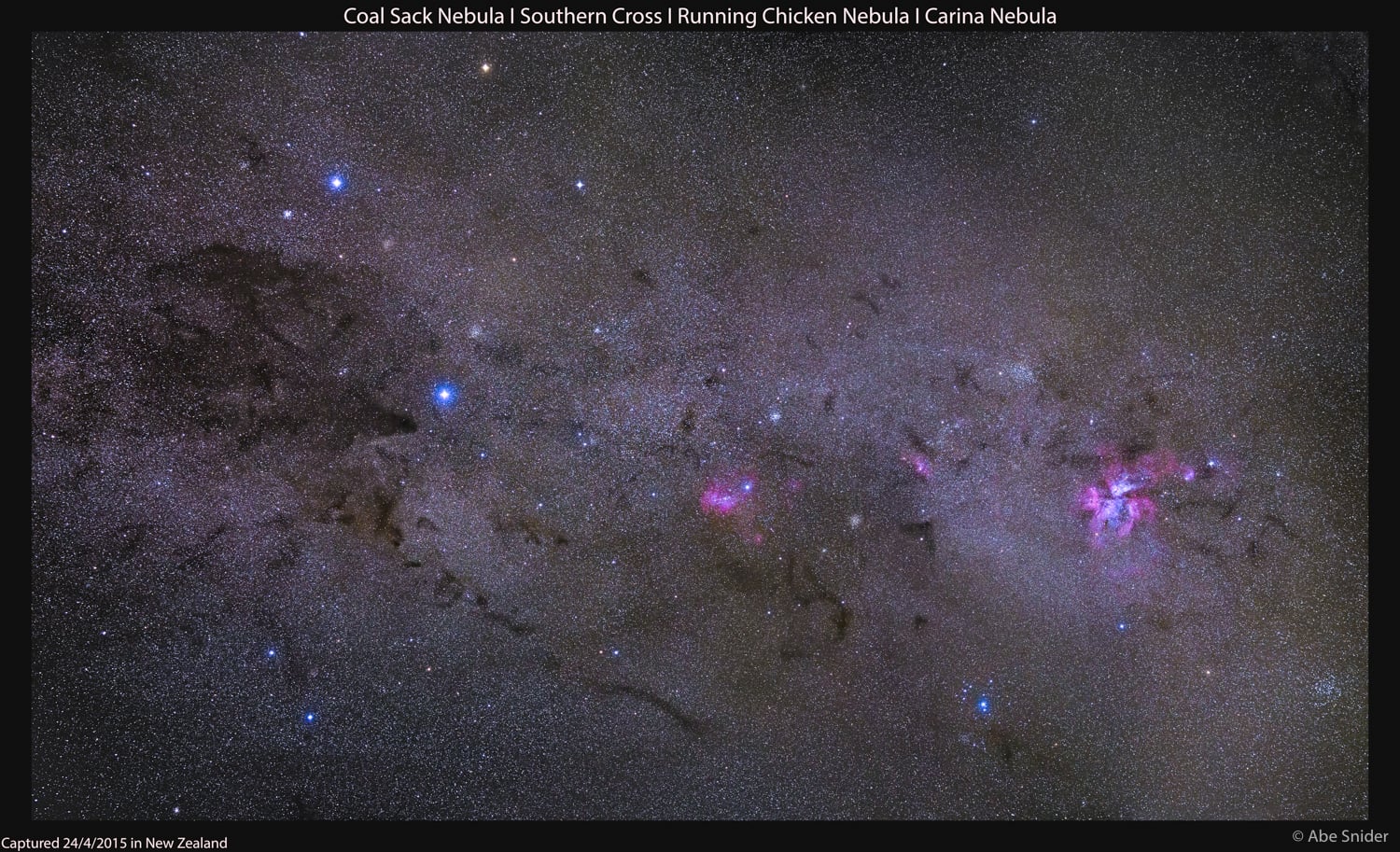 Multi-tile panorama of the Crux region of space. From left is the: Coalsack, Southern Cross, Running Chicken Nebula and the brilliantly colored Carina Nebula on the far right. 