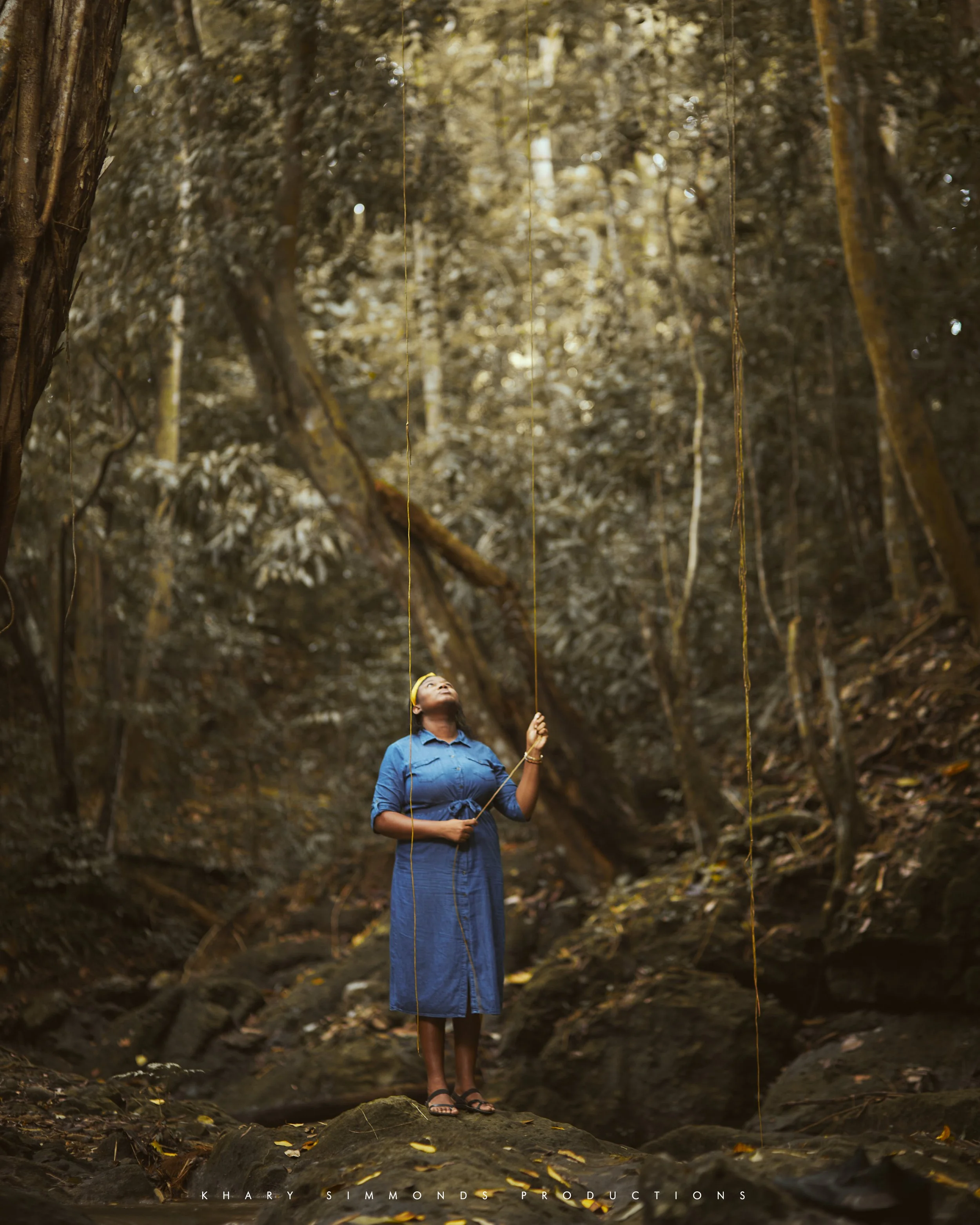 A woman standing in a forest holding a string or rope, looking upward, with tall trees and dense foliage around her.