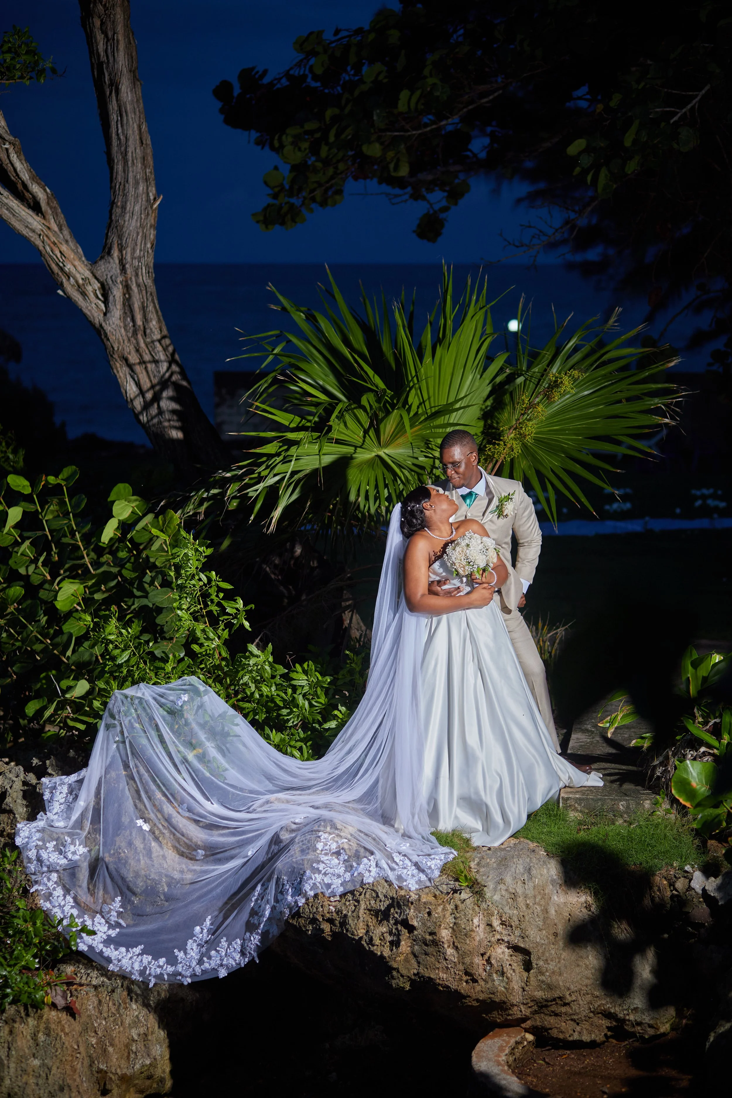A bride and groom embracing outdoors at night near a large green plant, with a rocky ledge and the ocean in the background. The bride wears a white wedding gown with a long veil, and the groom is in a light-colored suit.
