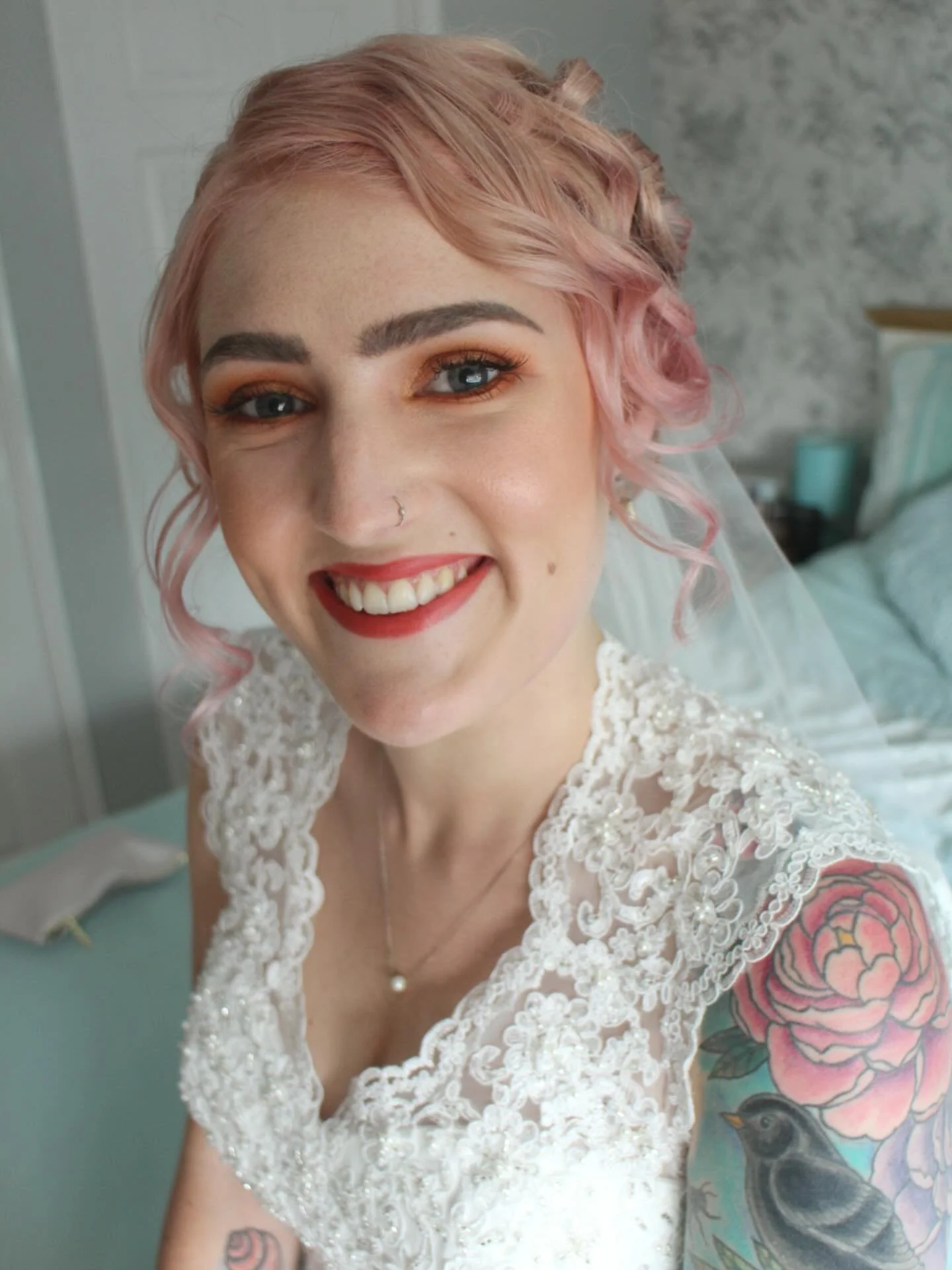 Happy 8th Anniversary @katie_eggwards I can&rsquo;t believe how quickly the time has gone 😍😍 #pinkhairbride #worcestershiremua #weddingday #altbride #tattoobride