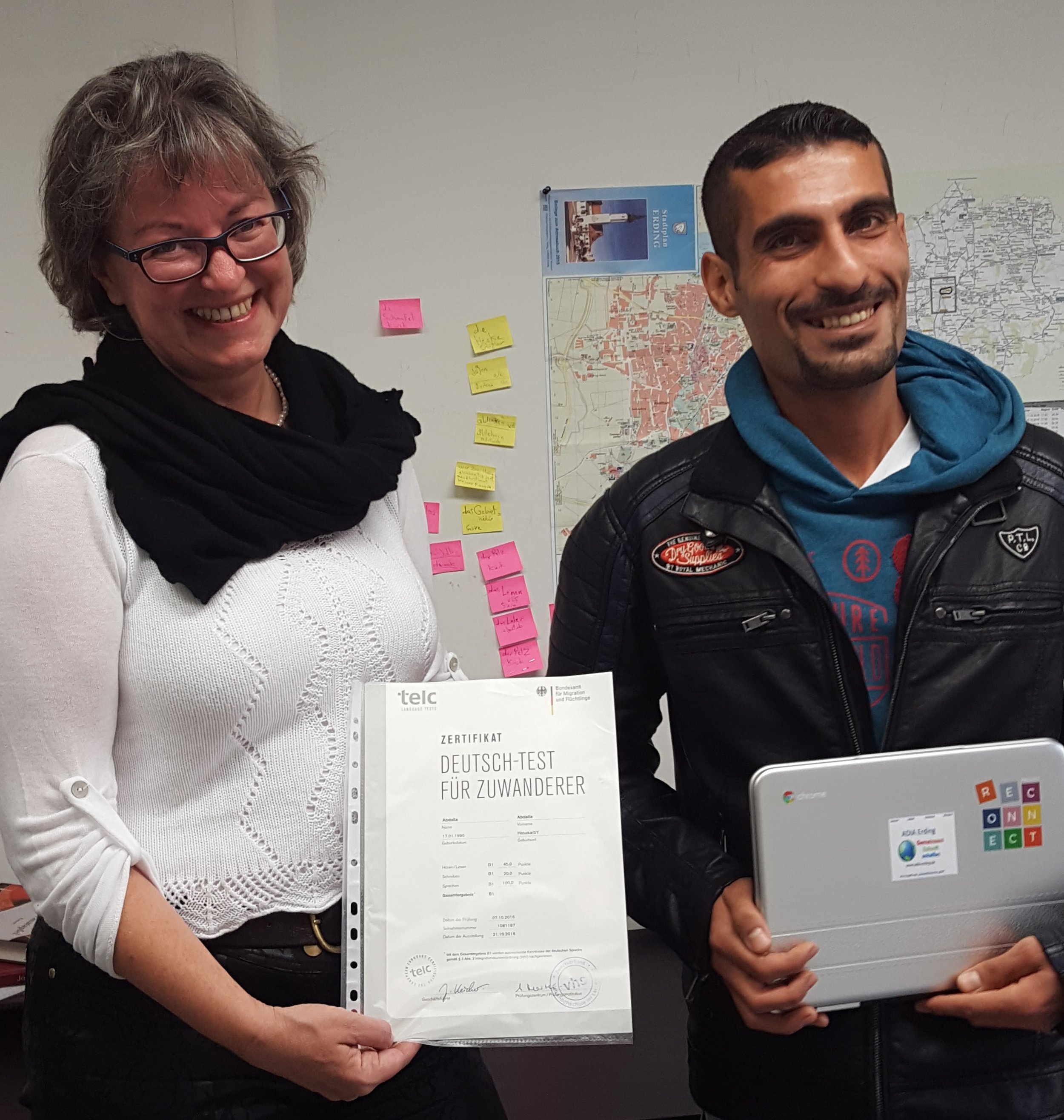 ADIA Erding founder Anna Maria Blau celebrates with Abdalla.