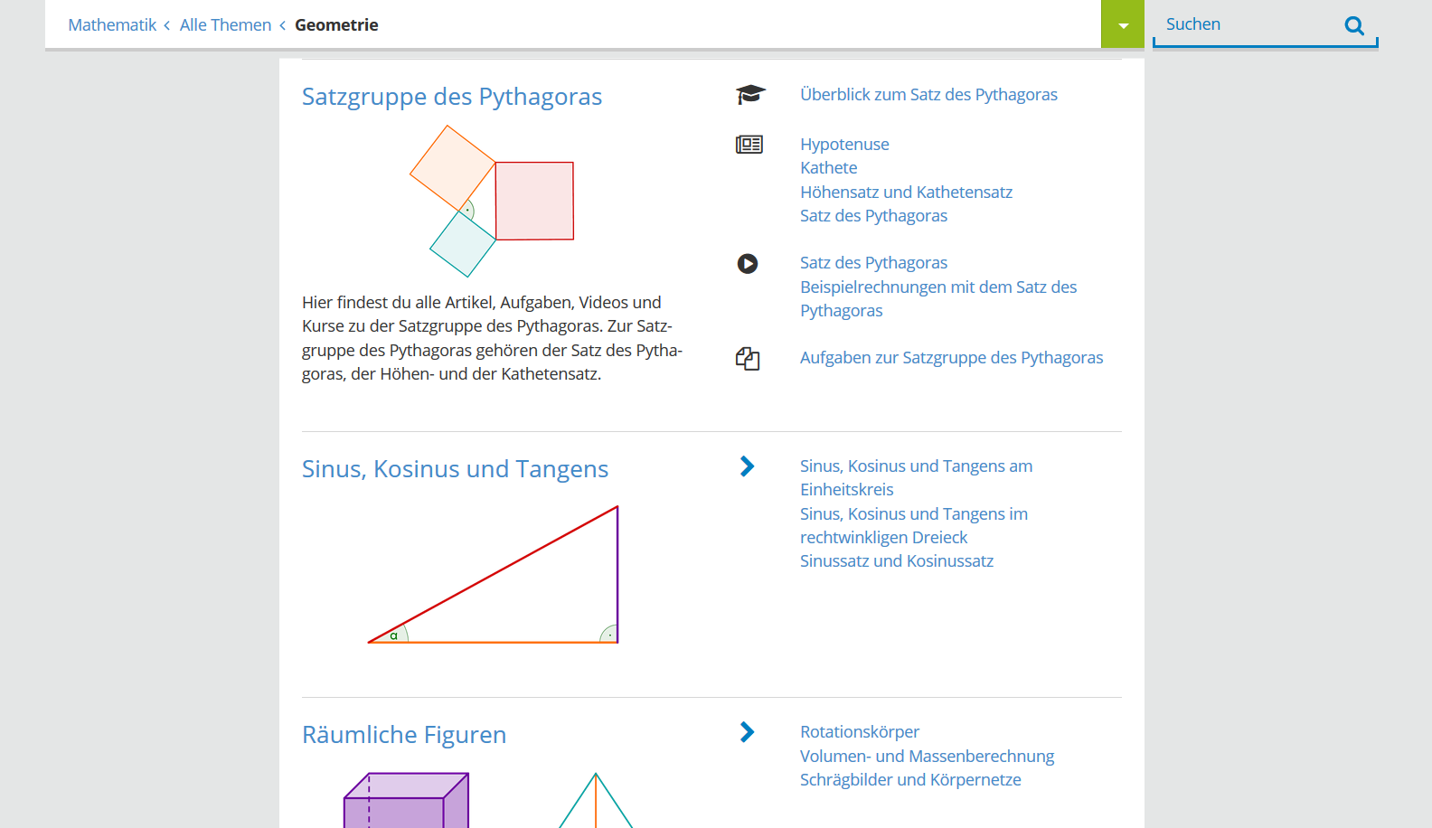 Examples from the math offer of the learning platform Serlo.org . On the landing page, there are also tasks from biology and information about the app Serlo ABC.