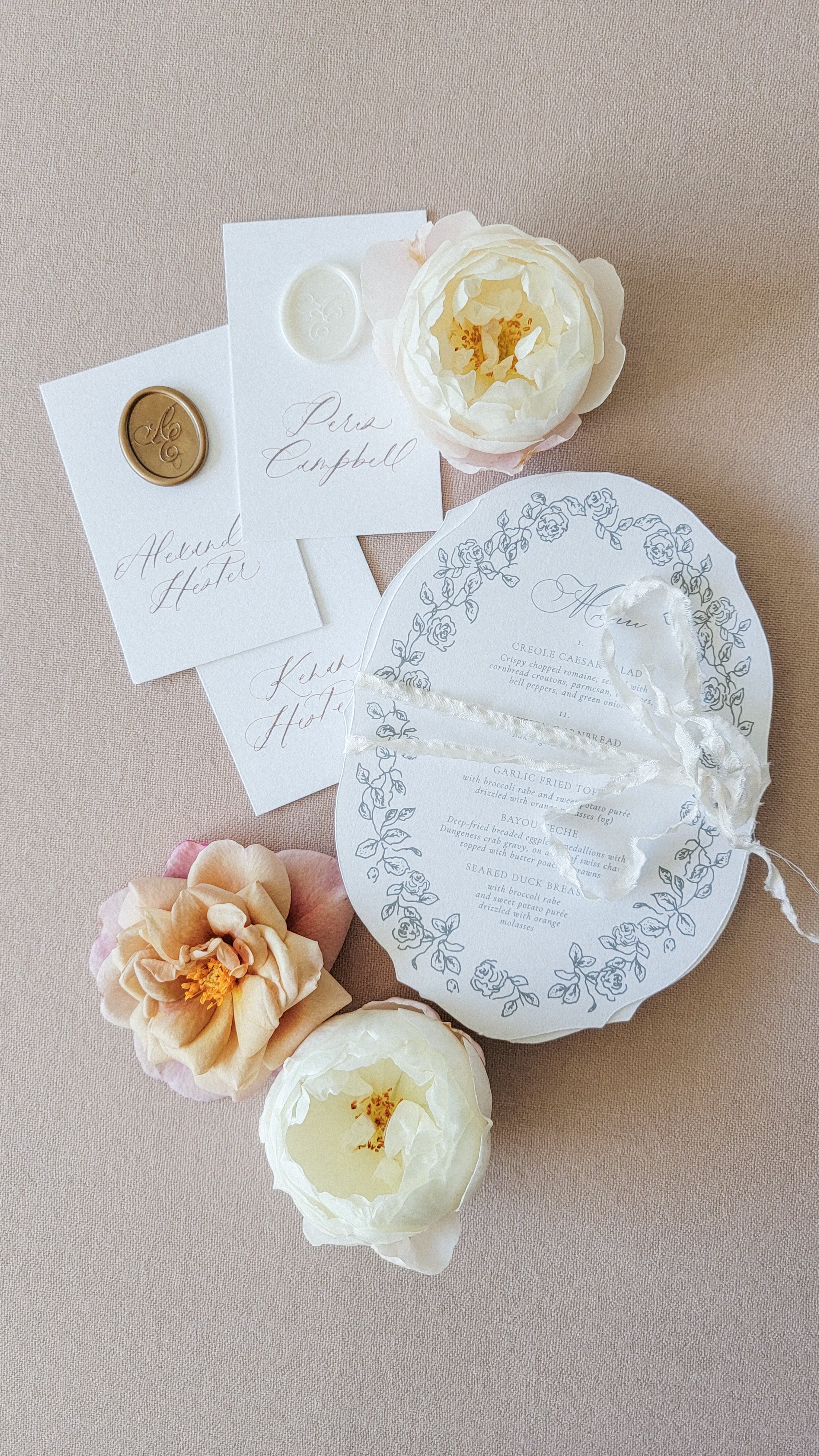 Elegant wedding menus with a sage green rose border | Custom wedding invitations | Krisanna Elizabeth Co.jpg