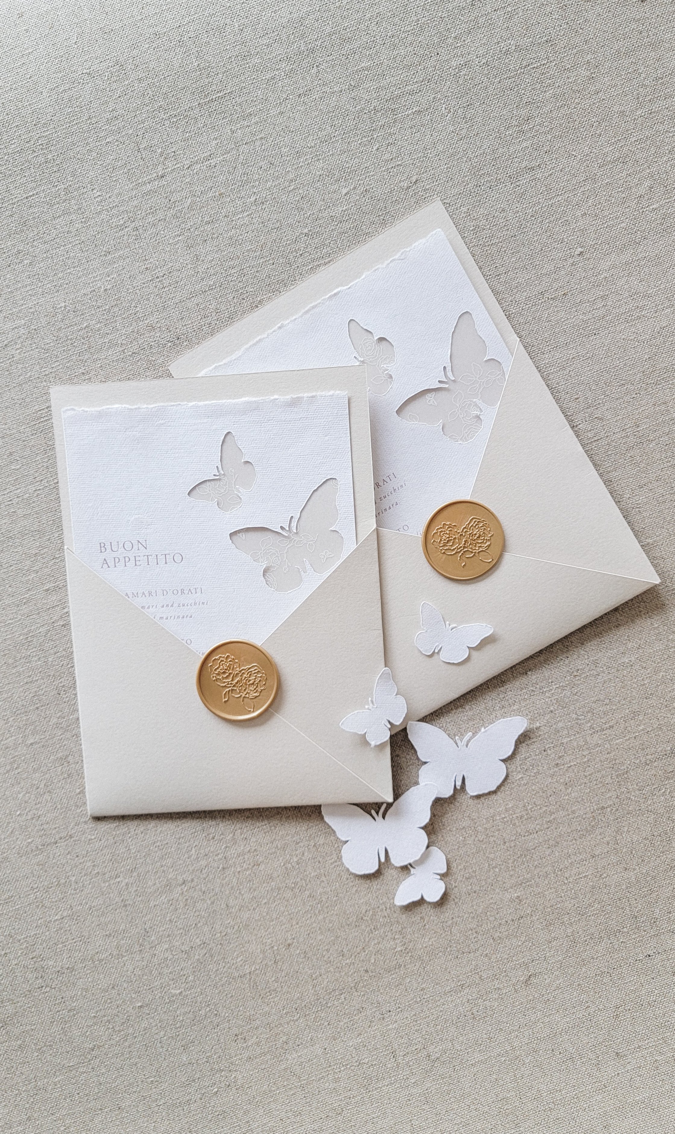 Butterfly Wedding Menus in Taupe Pockets with Gold Wax Seals | Custom Wedding Invitations | Krisanna Elizabeth Co.jpg