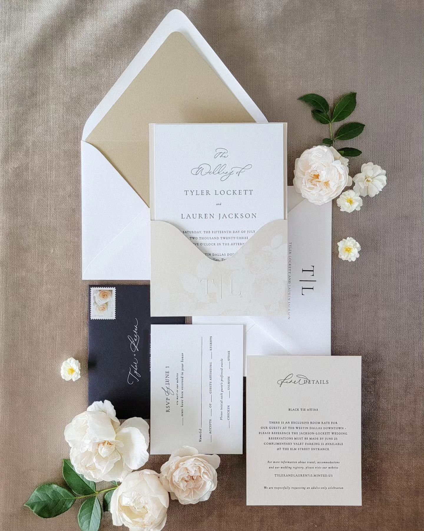 A little modern and a little glam for Lauren &amp; Tyler ✨️🥀 I'll be dreaming about those embossed, rose-adorned pockets for pretty much ever!
_____

#krisannaelizabethdesign #littlethingstheory #weddinginvitations #custominvitations