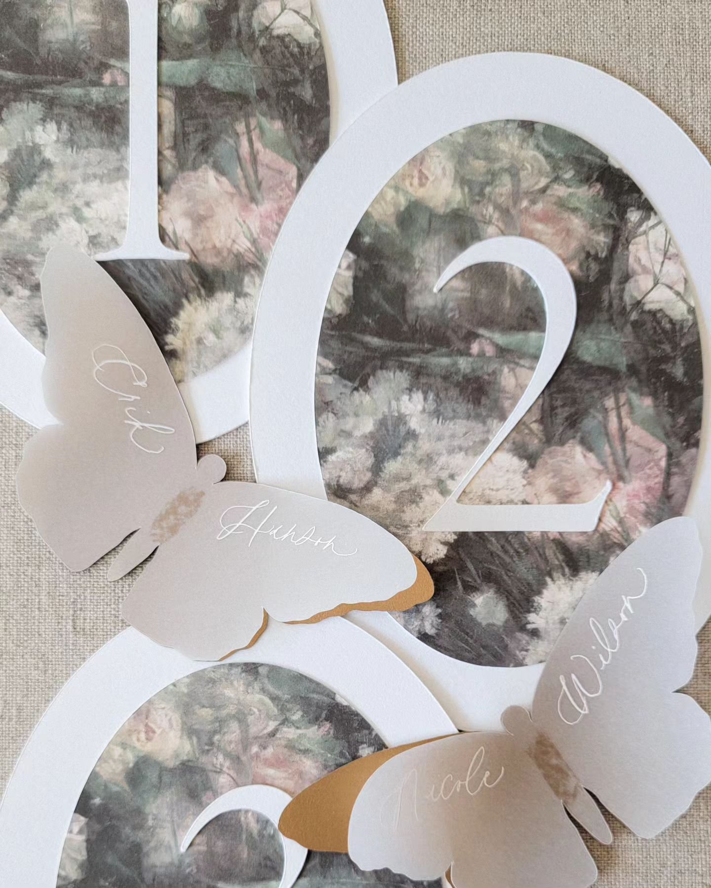 Table numbers of my dreams, paired with vellum + gold butterfly escort cards for N&amp;E's private estate wedding last summer ✨️
_____

#krisannaelizabethdesign #littlethingstheory #tablenumbers #escortcards
