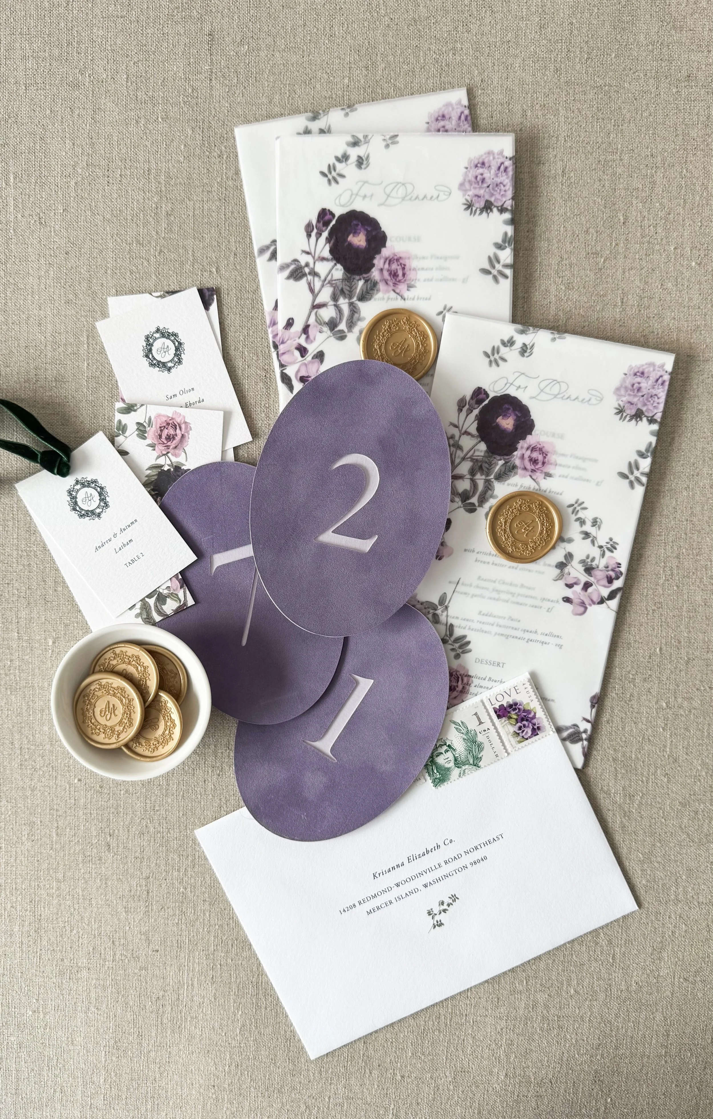 Velvet Oval Table Numbers and Custom Menus with Floral Pattern Pockets & Gold Wax Seals | Custom Wedding Invitations | Krisanna Elizabeth Co.jpg