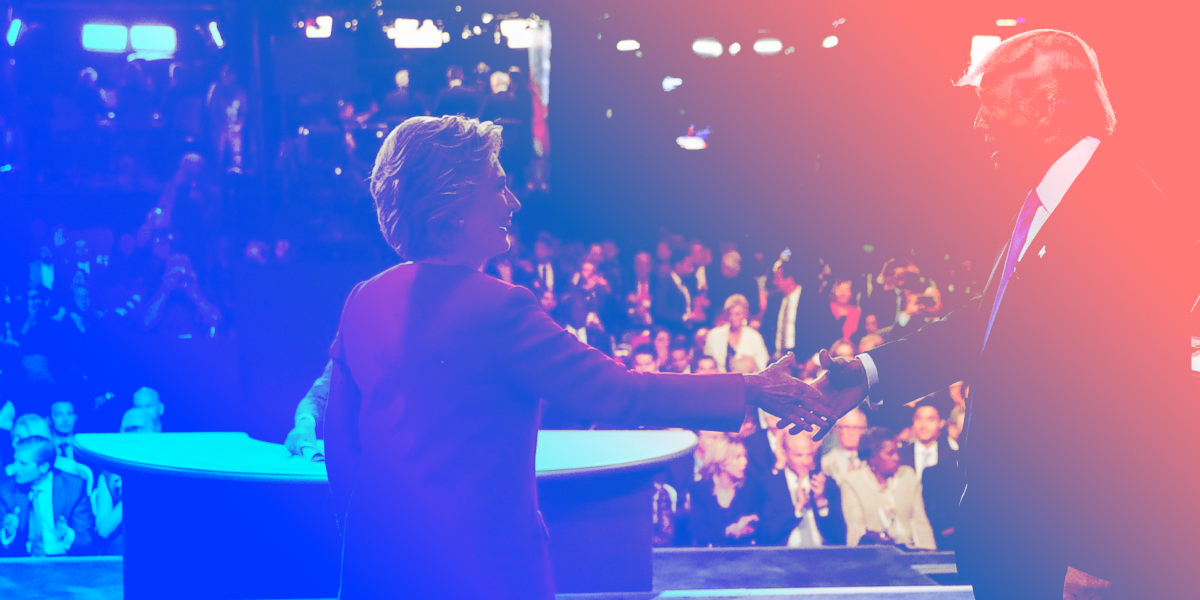 A fleeting glance of peace in the 2016 Presidential Race between Hillary Clinton & Donald Trump. Original picture from abc7