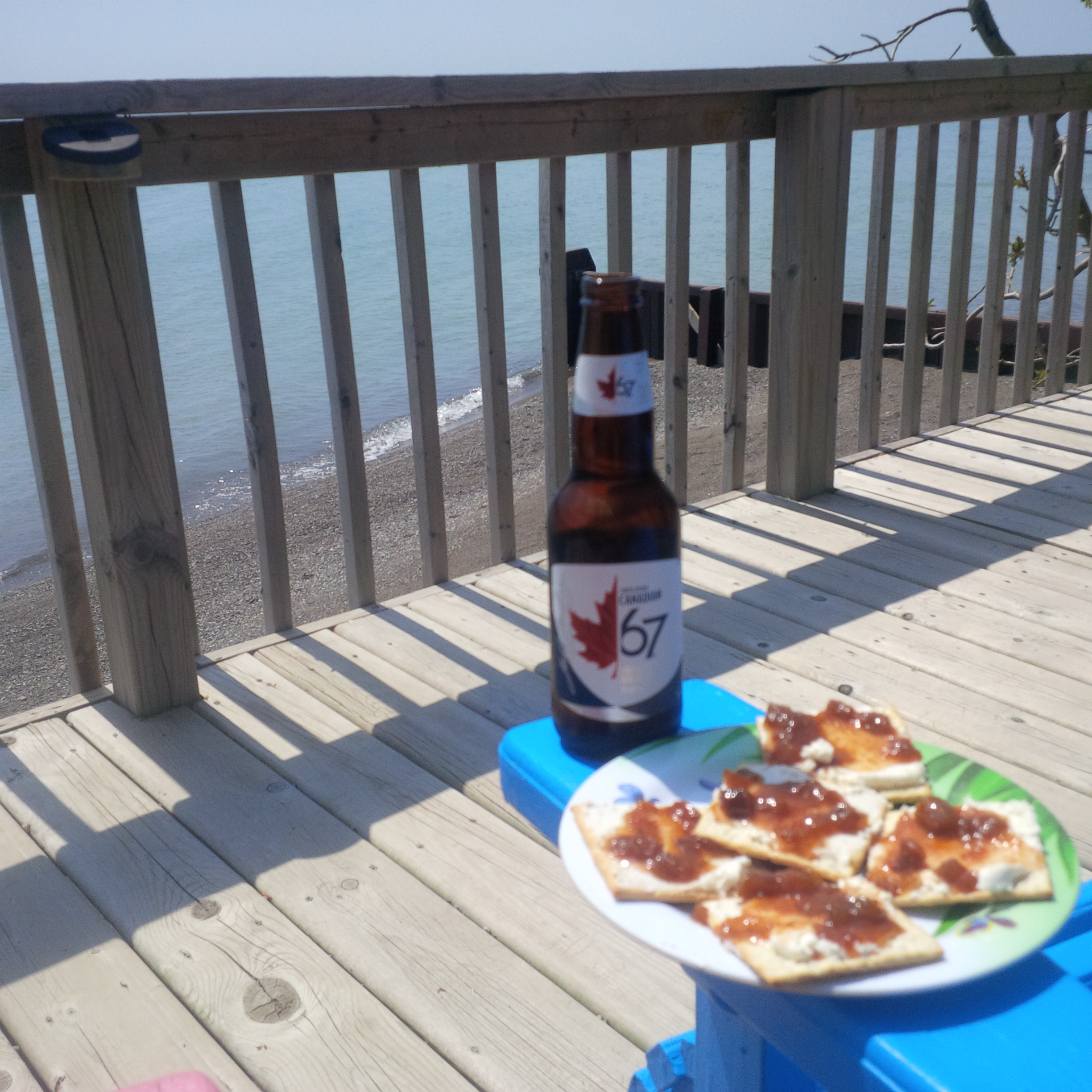 Stoned wheat thins (heh heh), chutney, and cream cheese and an icy cold 67 on a hot, sunny May 2-4 at the beach. Heaven. 