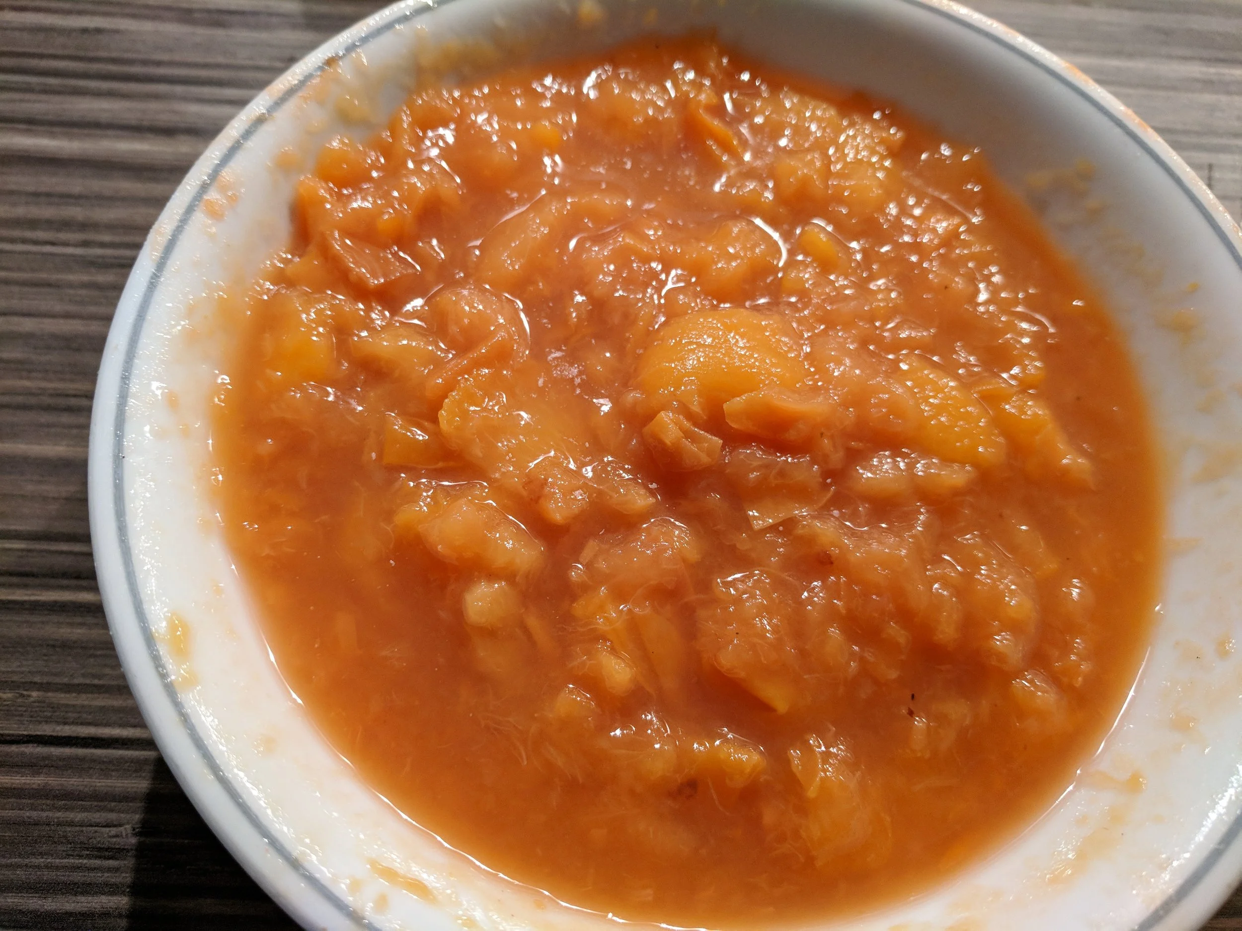 Do you see any peel? This was about three-quarters of the way cooked if I recall correctly. I mashed it a bit more after this shot. I like some chunky peach texture, but no big hunks. Next time, I would chop it a little smaller to begin with.