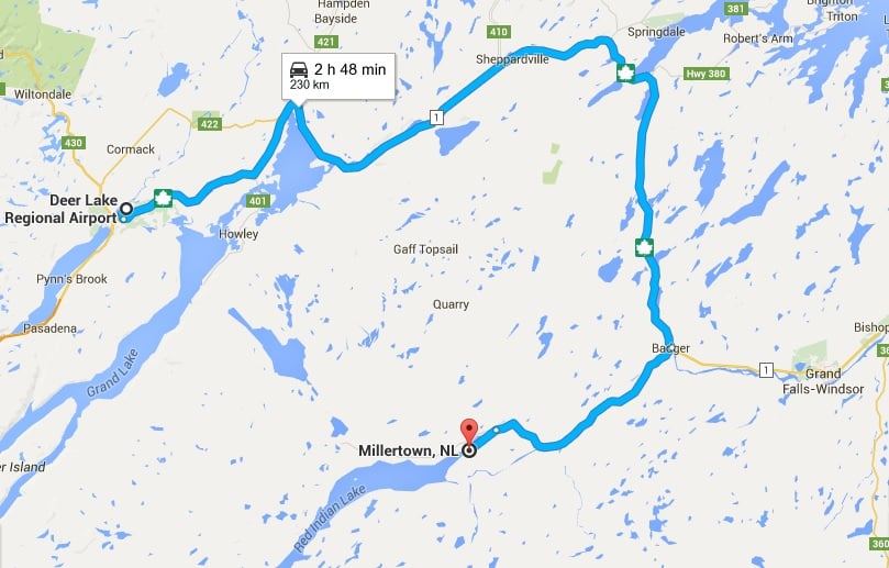 This is the route to take from the deer lake airport to Millertown. 230 KM, and about a 3 hour drive. Take the trans-Canada highway to badger and the route 370 to Millertown.