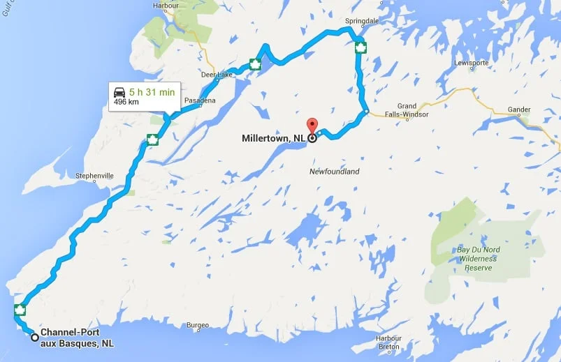 Take the trans-canada highway from Port aux basques to badger, the route 370 to millertown.