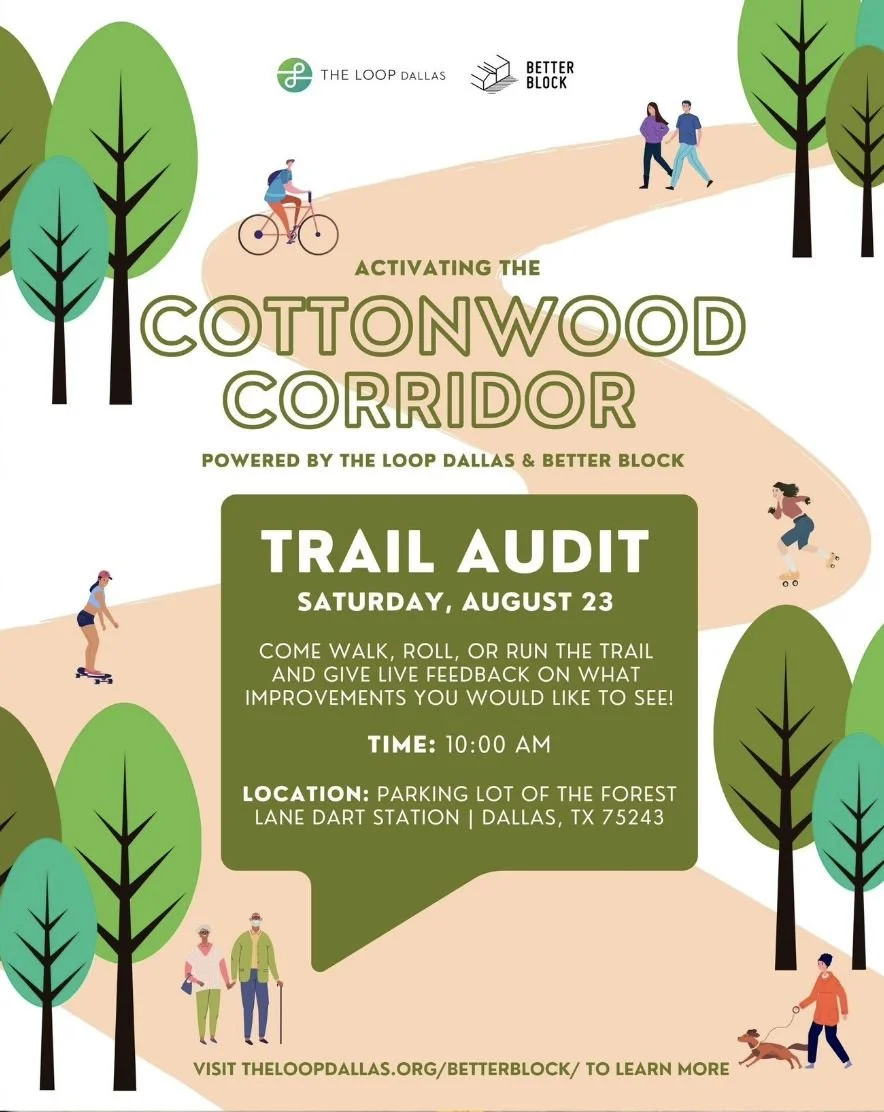 Want to give feedback on the Cottonwood Creek Trail? @betterblock is inviting the community to walk, roll, or run the trail and give live feedback on what improvements you would like to see during their trail audit. Saturday, August 23 at 10:00 AM st