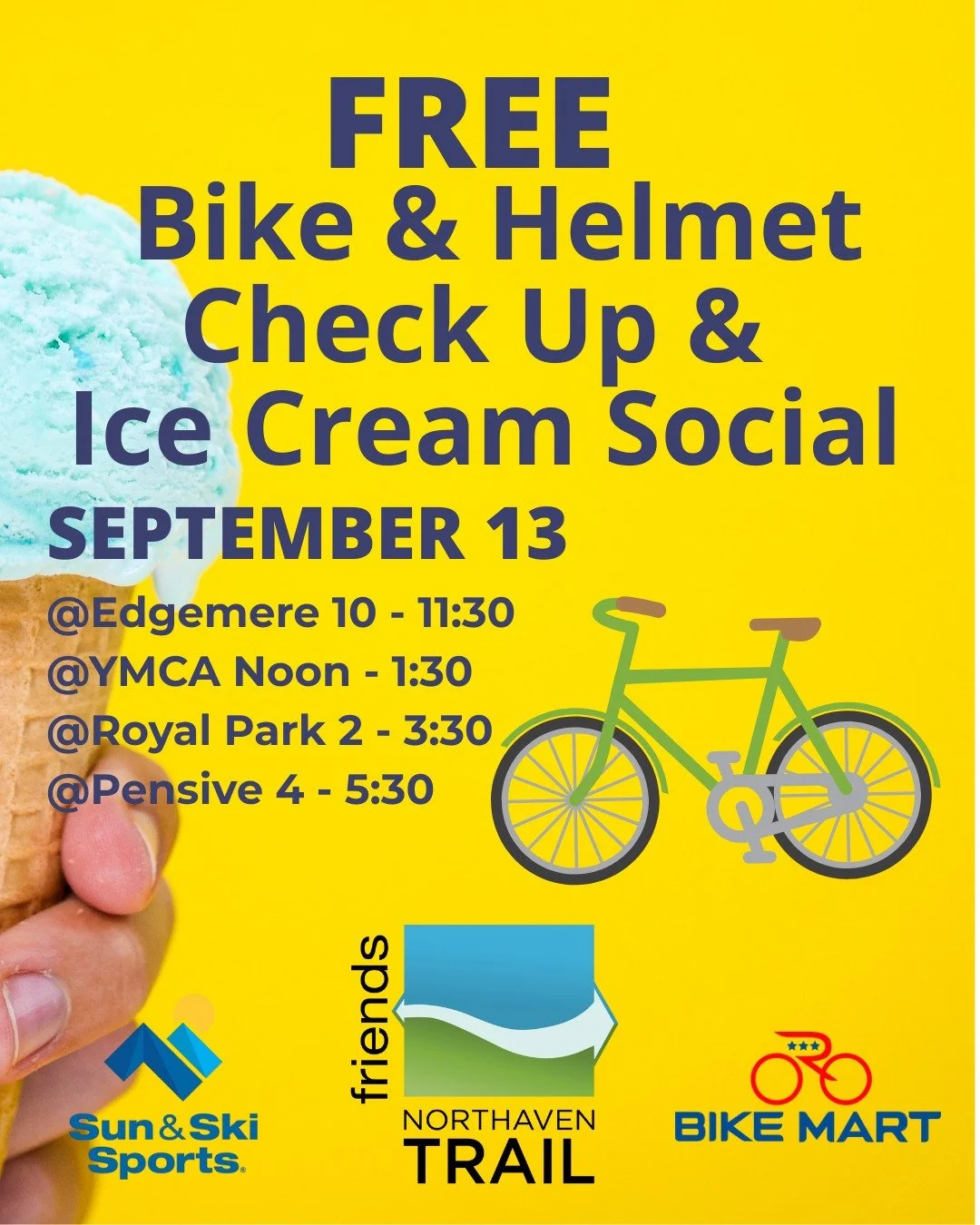 School’s back 📚—time to make sure your bike is too! 🚲
Join us on Sept 13 for FREE bike + helmet checkups AND FREE ice cream. 🍦
Four trail locations all day long. Perfect timing for cooler riding weather + a safe season ahead.
Details h