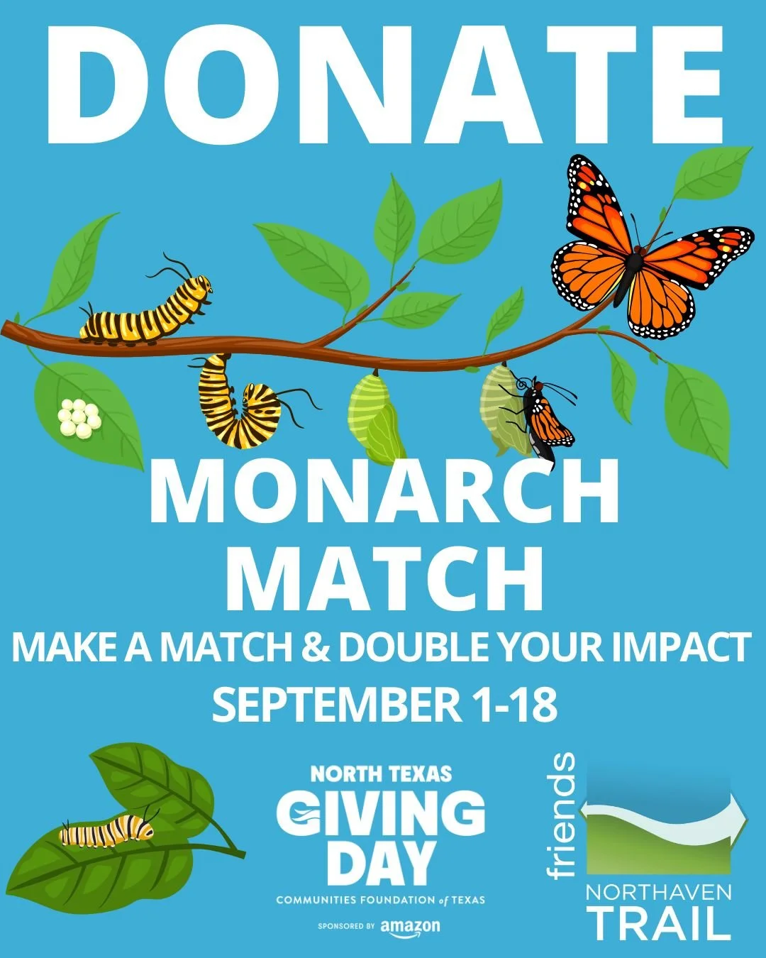 Imagine walking the trail surrounded by blooming wildflowers, native grasses, and the flutter of monarch butterflies overhead. 🌻 That’s the future your gift makes possible.
Donate during the Monarch Match and your contribution will be doubled