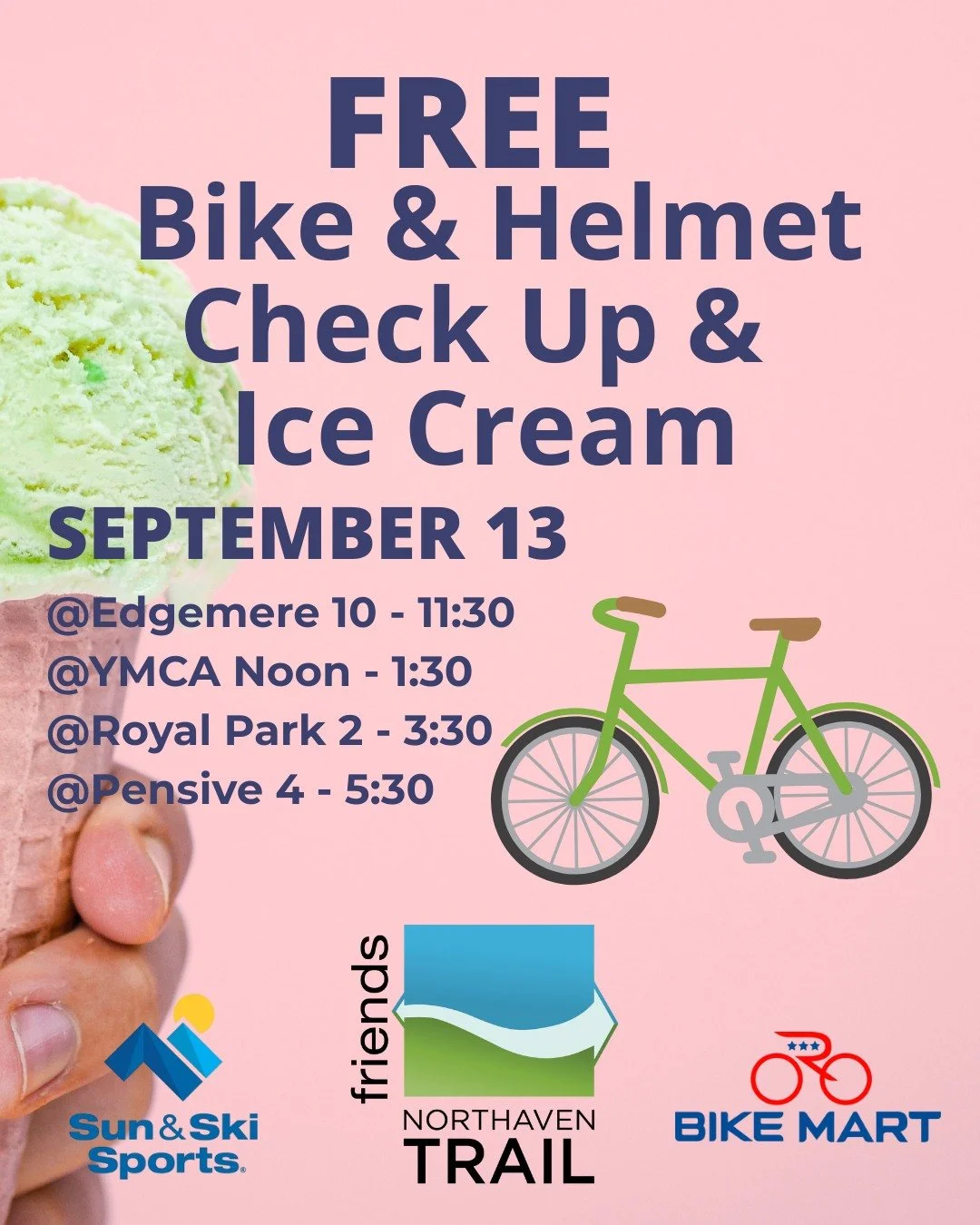 Family bike ride day? We’ve got you covered! 👨‍👩‍👧‍👦 🚲
🍦 FREE ice cream
🔧 FREE bike & helmet checkups
📅 Sat, Sept 13 | 4 locations along the Northaven Trail
Bring the kids, grab a cone, and get your bikes trail-ready! 🌿