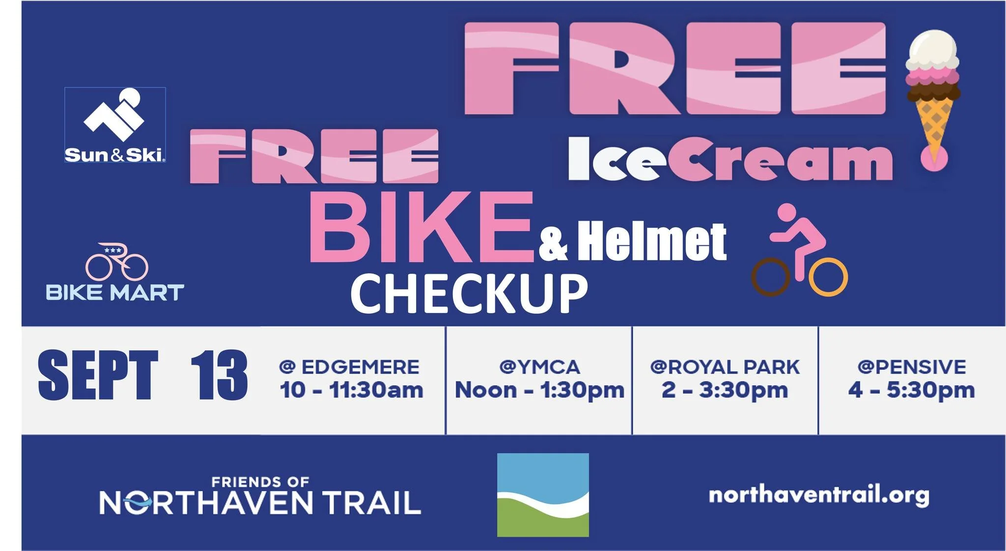 🚨 It’s happening THIS Saturday! 🚨
🍦 Free Ice Cream
🚲 Free Bike & Helmet Safety Checks
📍 Four Northaven Trail stops (Edgemere, YMCA, Royal Park, Pensive)
🕙 10:00am – 5:30pm
Get your bike ready for fall + enjoy a sweet treat. See