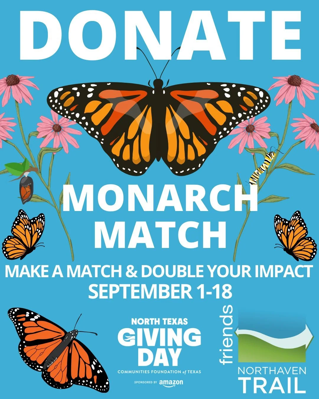 ⚡️ Double the restoration. Double the wildflowers. Double the butterflies. 🦋
Thanks to a $50,000 matching challenge, your gift to the Monarch Match goes TWICE as far.
Help us restore the prairie at the Pensive Trailhead and bring pollinators back t