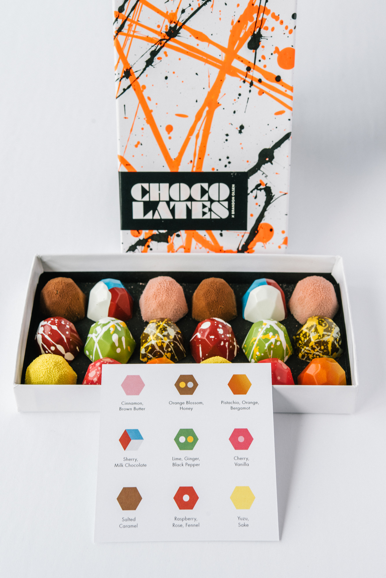 Flavours in this box: Cinnamon, Brown Butter // Orange Blossom, Honey // Pistachio, Orange, Bergamot // Sherry, Milk Chocolate // Lime, Ginger, Black Pepper // Cherry, Vanilla // Salted Caramel // Raspberry, Rose, Fennel // Yuzu, Sake