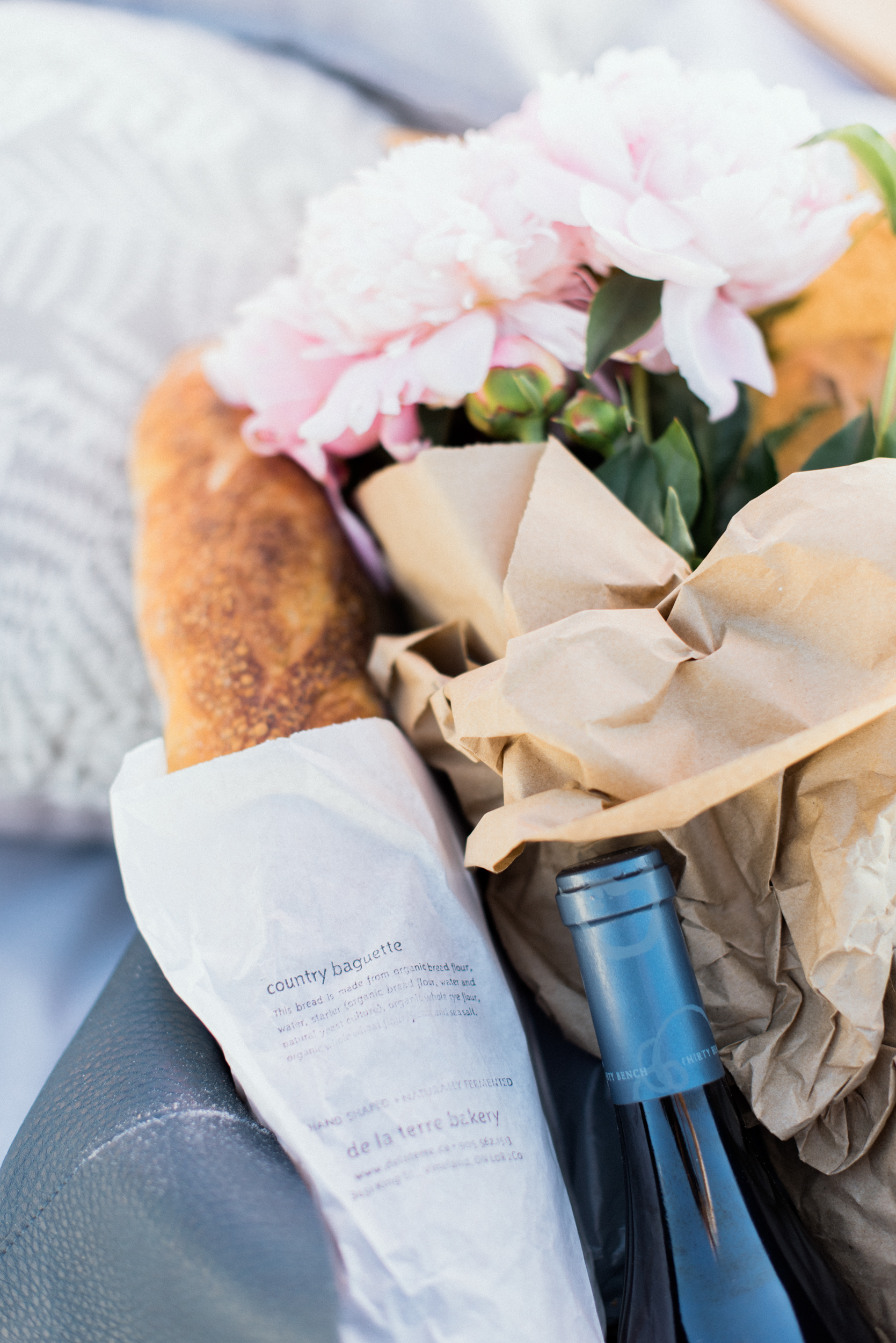 Country baguette and peonies, also from the market
