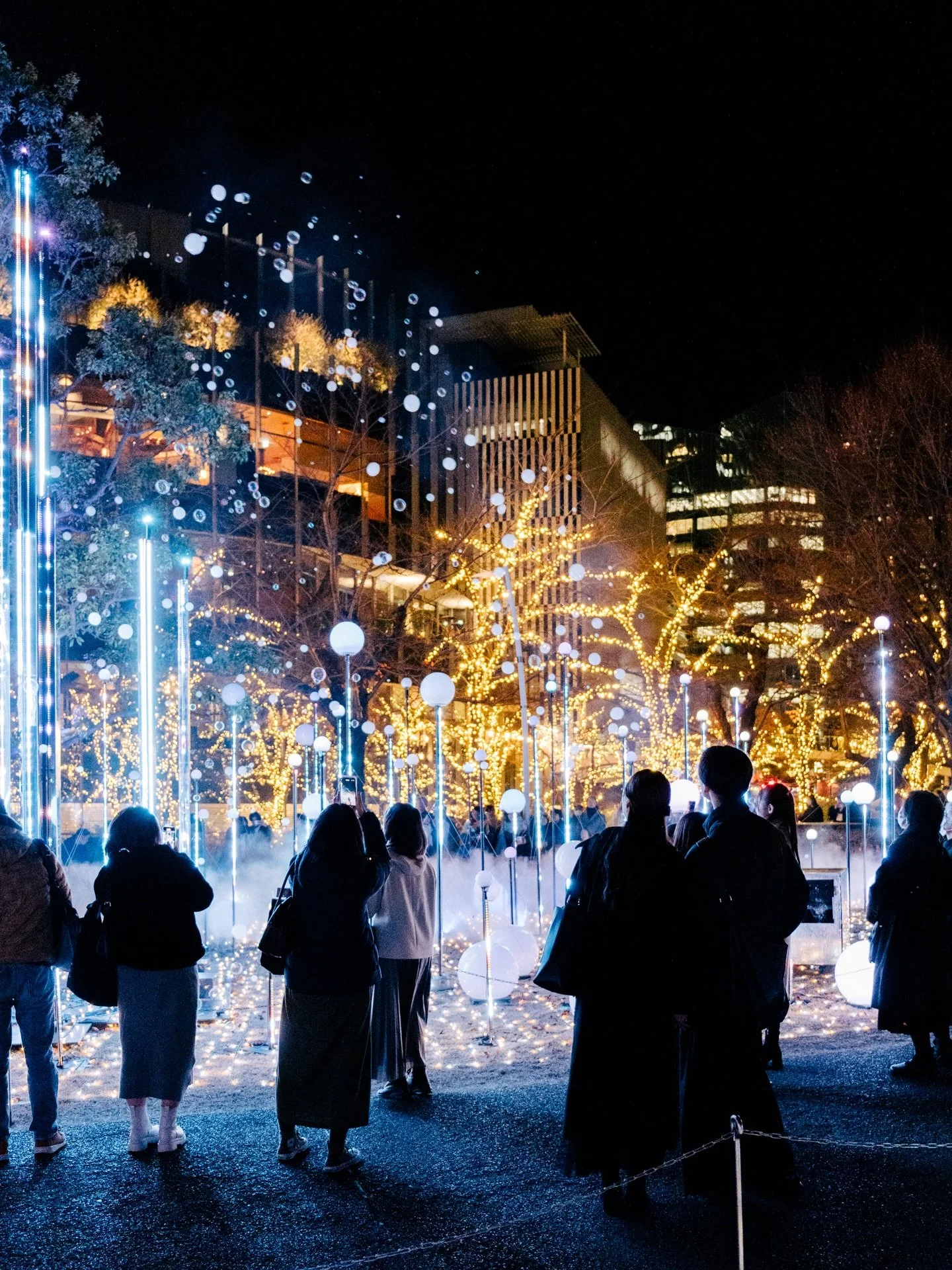 Tokyo by night, Christmas edition. The illuminations here are something else. The lights brighten the trees up and down the street, making the area feel festive and magical. 

People wait in anticipation for the moment the lights turn on. Food stalls