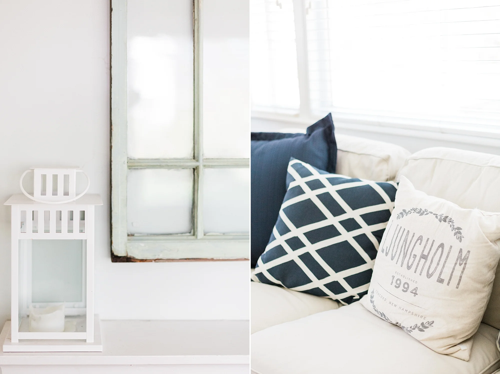 White Lantern - Navy Pillows - Living Room Decor - New Hampshire Home - Madison Rae Photography