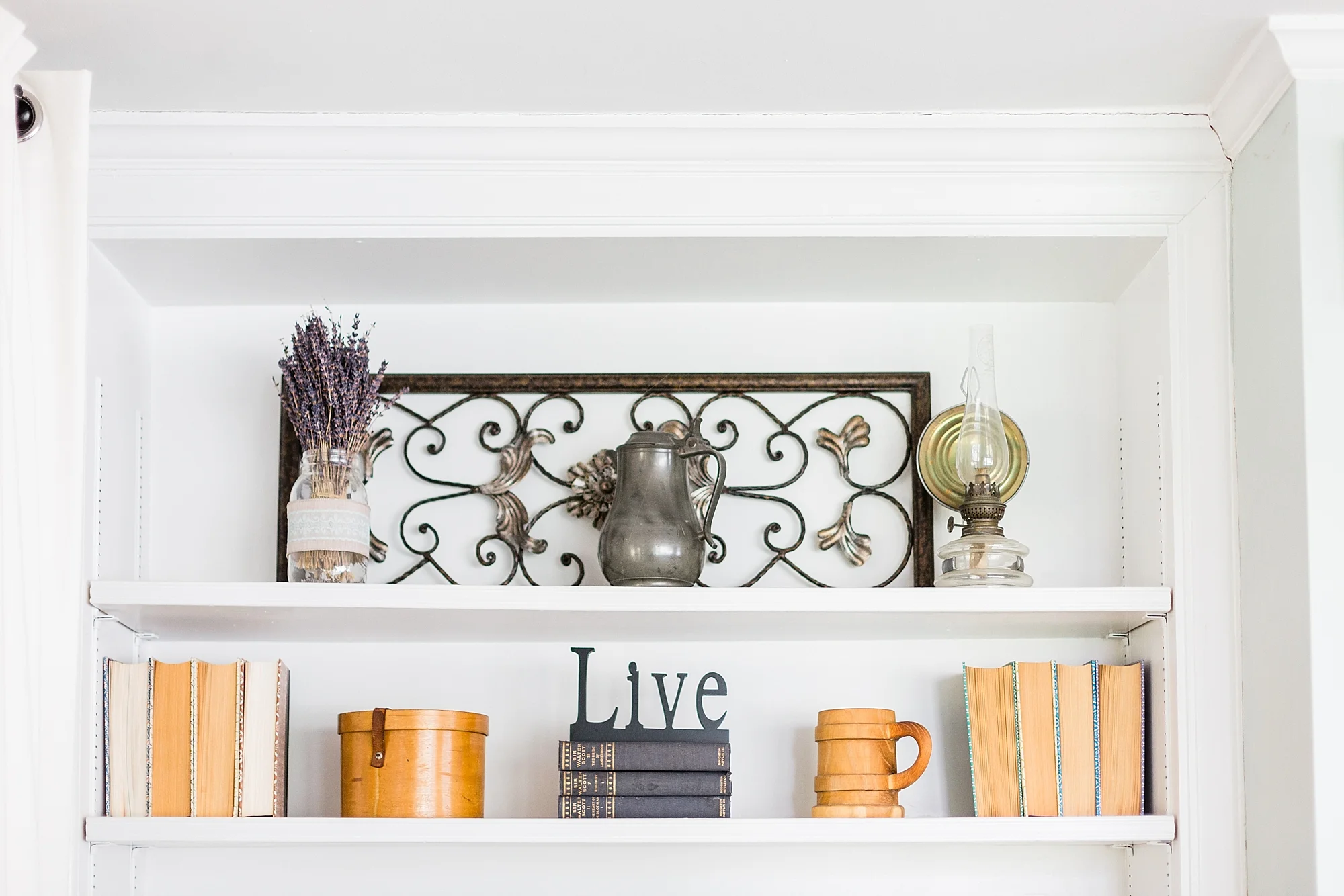 Bookshelf Decor - Lavender - Vintage - New Hampshire Home - Madison Rae Photography