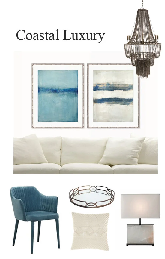 A serene coastal atmosphere is created with the use of natural, organic fabrics and textures paired with azure coloured velvets and elegant travertine lamps. Add a touch of glamour with metal framed painterly artwork and a statement bronze chandelier.