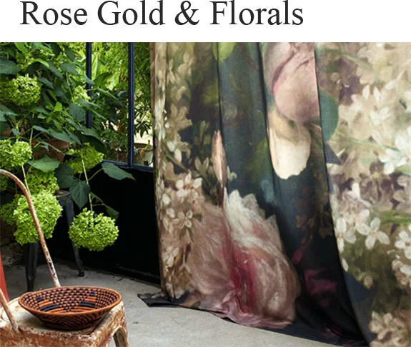 This spectacular, overscaled sheer floral curtain is truly unique. Soft shell coloured cushions and upholstery marry well with subtle accents of brass and rose gold, giving your home a feminine, gentle warmth.