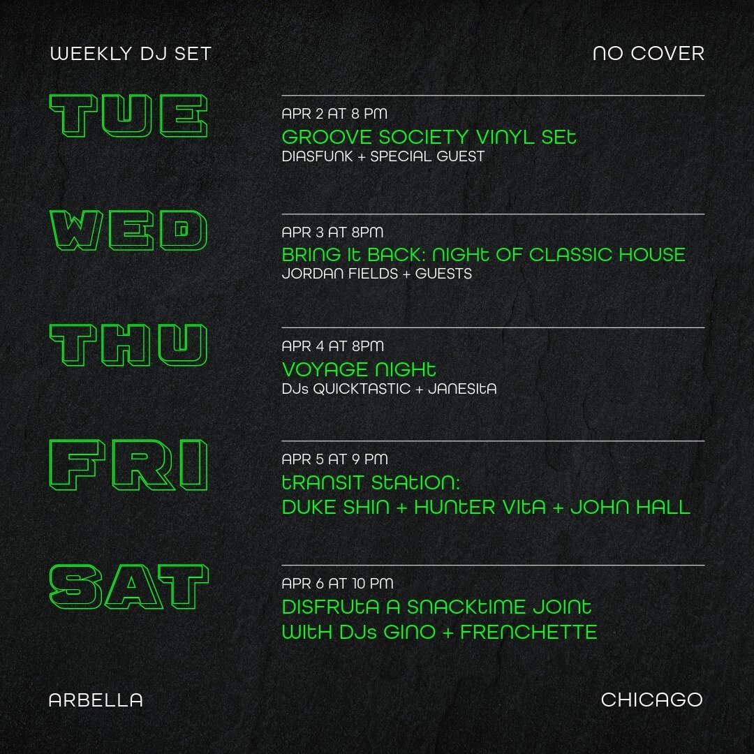 First week of April's lineup. Visit our website for full April schedule. 🫡✌️⁠
⁠
No cover. Must be 21+.⁠
The last table reservation is at 9:30 pm. ⁠
Walk-ins after that are based on capacity.⁠
⁠
__⁠
#rivernorthchicago #chicagohouse #chicagococktails 