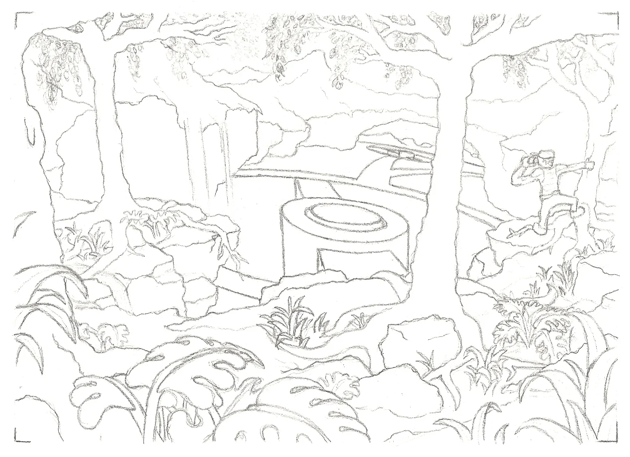 The initial sketch was done for fun with no reference research. I liked the detail of levels in the foreground rocks and the way they run parallel leading toward the figure, though it all seemed a little distracting from what's happening in the distance to me.