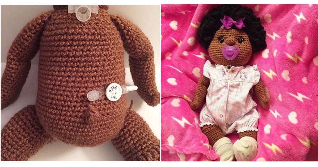 A special doll created for a special young lady designed with a feeding tube and a trach. 