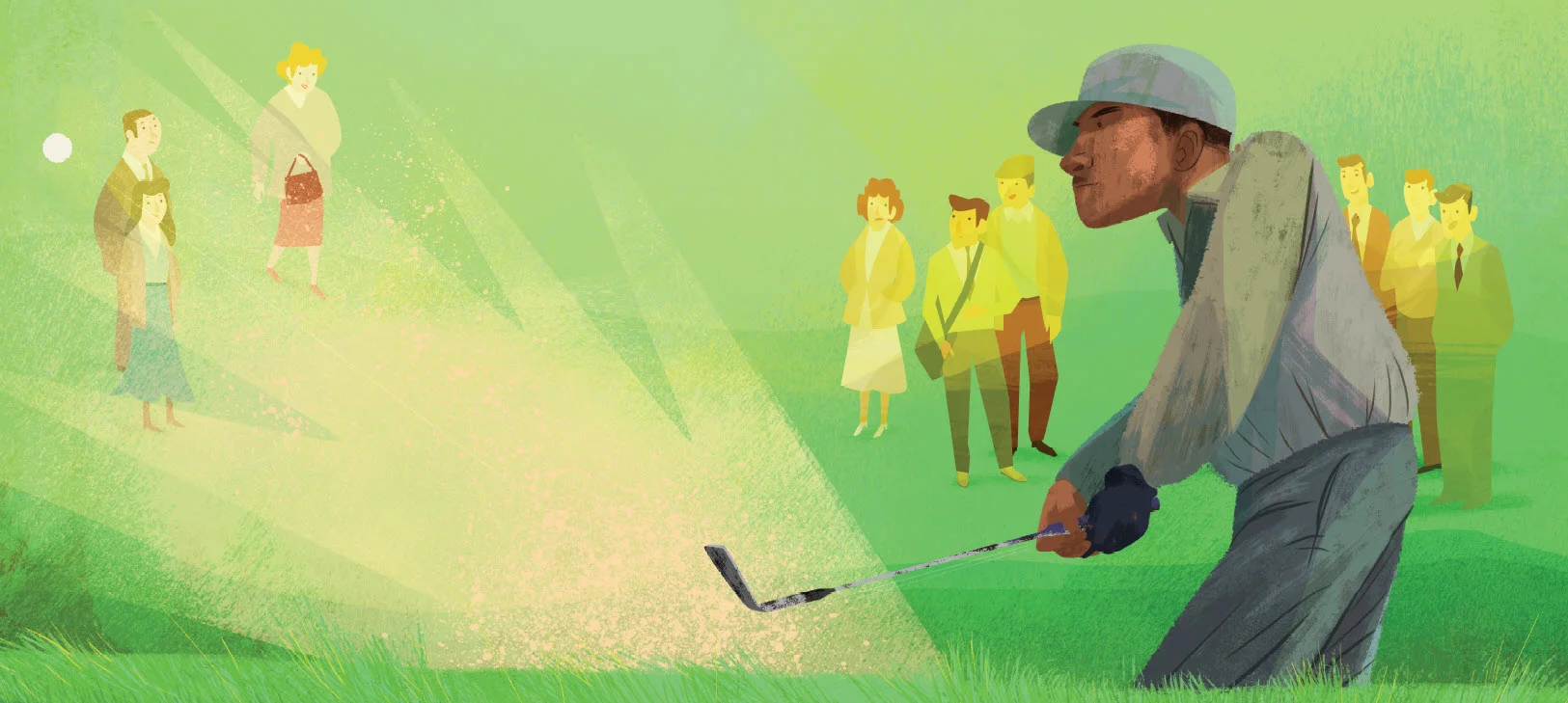 Charlie Sifford made history at the Greater Hartford Open Invitational on Aug. 20, 1967. This is John Joven’s illustration of Charlie’s historic win in CHARLIE TAKES HIS SHOT, published by Albert Whitman