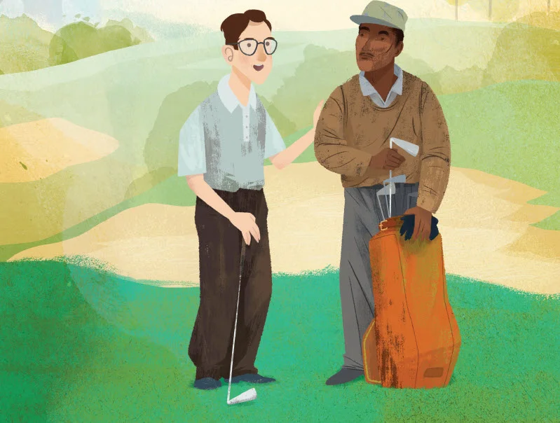 Stanley Mosk and Charlie Sifford becoming friends in this illustration by John Joven in Charlie Takes His Shot (Albert Whitman & Company)