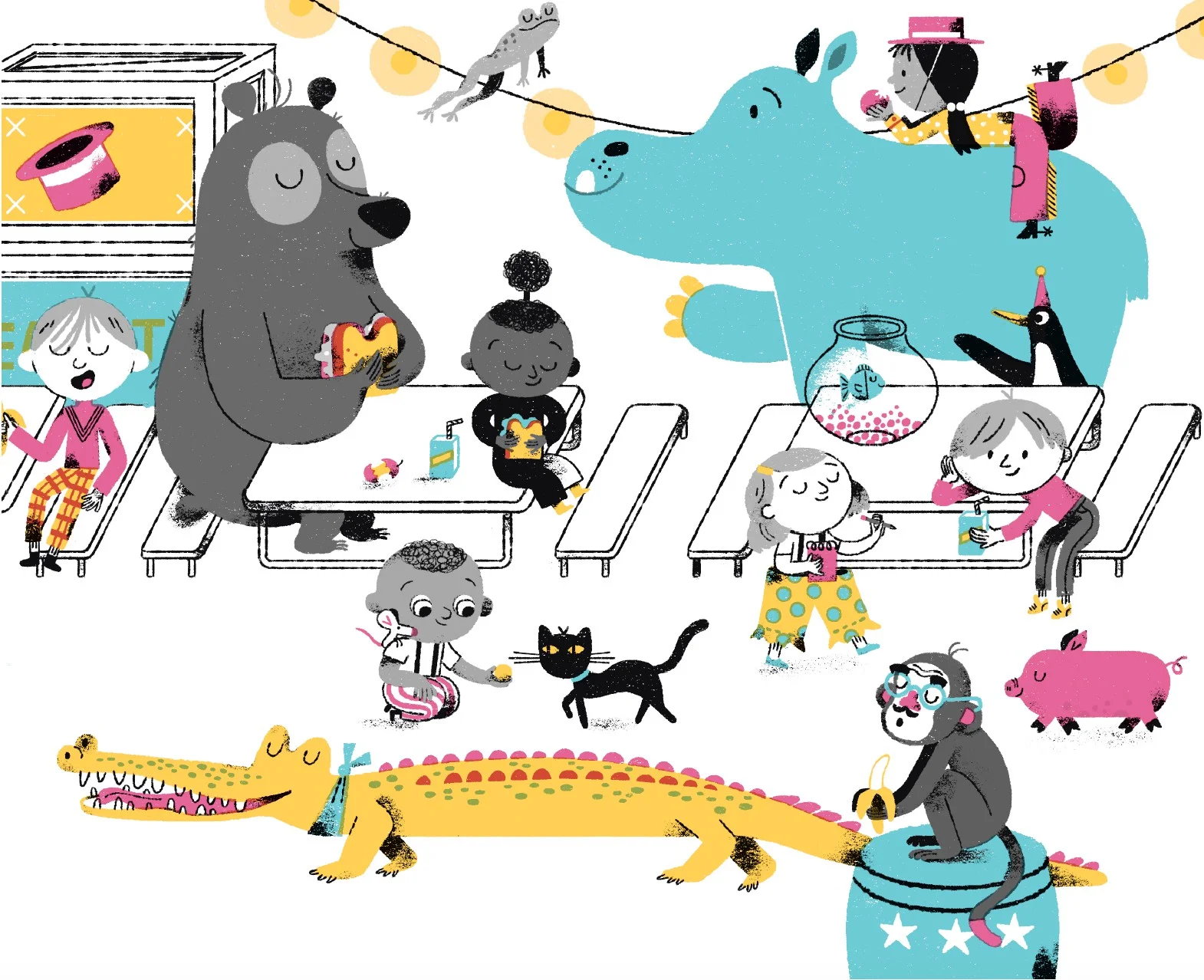 The cafeteria zoo in Your First Day of Circus School by Tara Lazar. Illustrations by Melissa Crowton (Tundra Books)