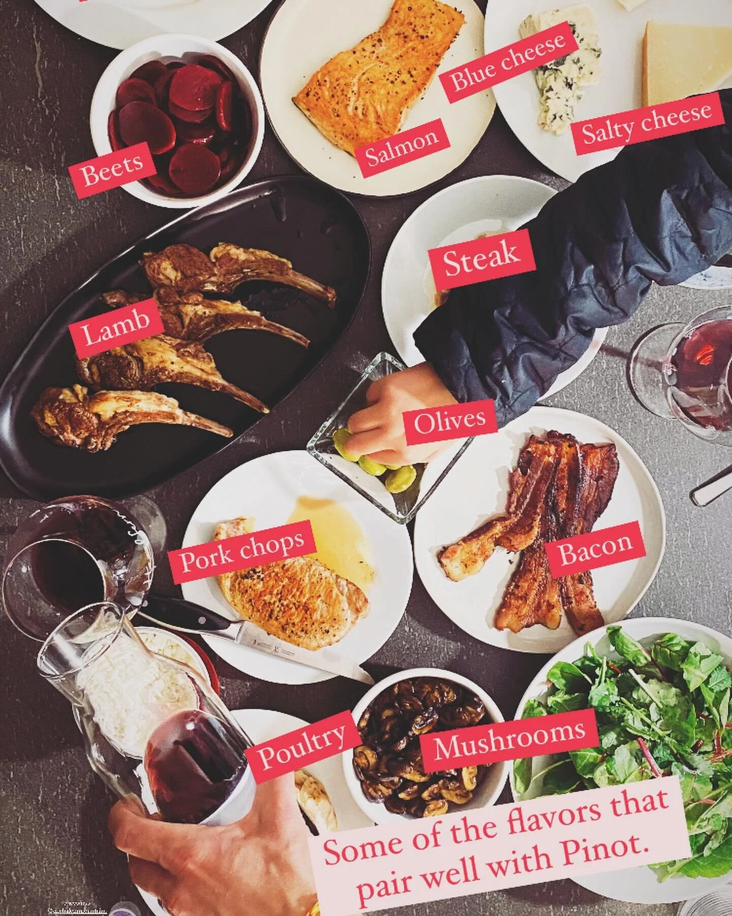 All the food groups! 🍷🧀🍄🍗🥩🥓🫒🥬

Springtime means it&rsquo;s time for us to bottle new juice. One of our favorite traditions is tasting all the new wines with a rainbow of foods and flavors to see what tastes best with each. Our favorite food/w