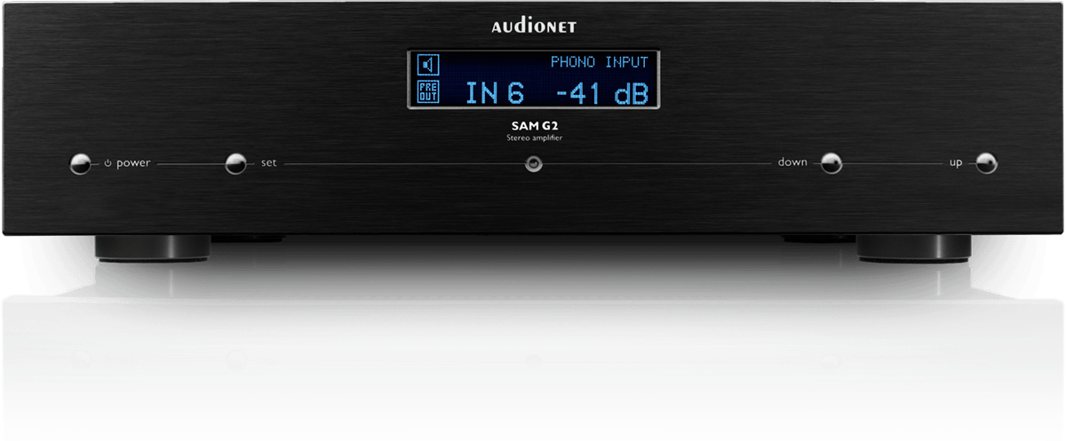 Front of black AUDIONET SAM G2 integrated amplifier