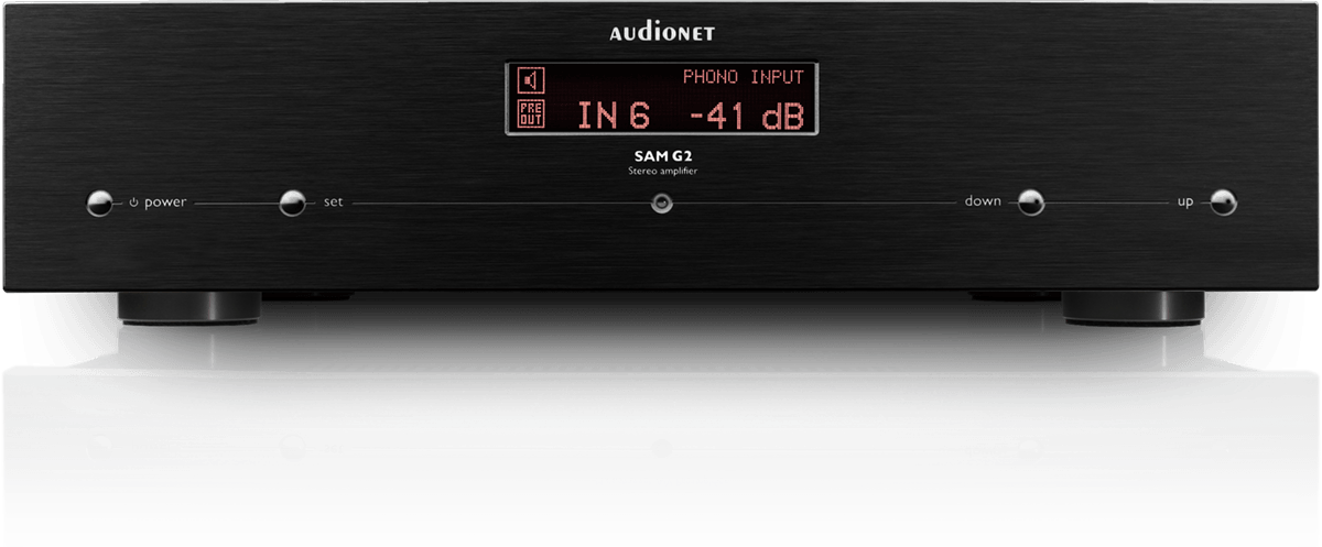 Front of black AUDIONET SAM G2 integrated amplifier