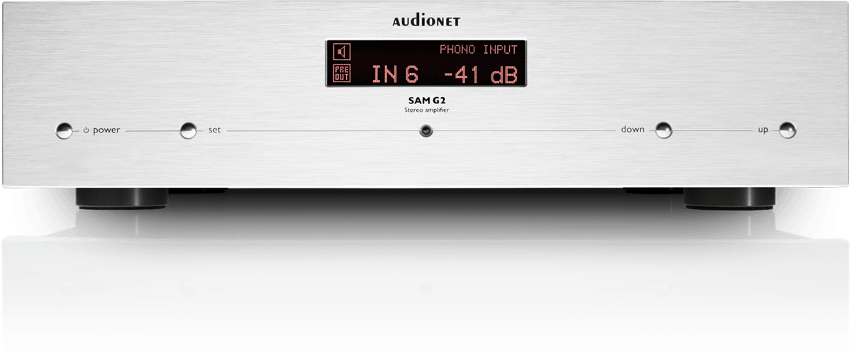 Front of Silver AUDIONET SAM G2 integrated amplifier