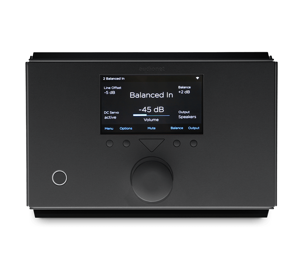 front of black AUDIONET HUMBOLDT integrated amplifier